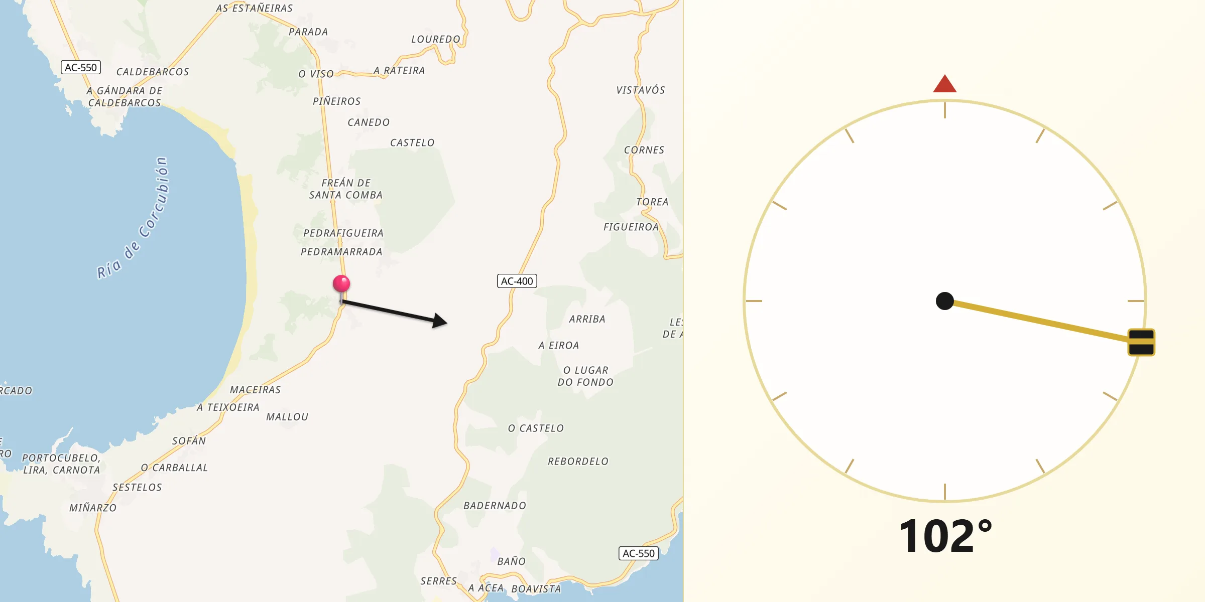 Dirección de la Qibla desde Carnota
