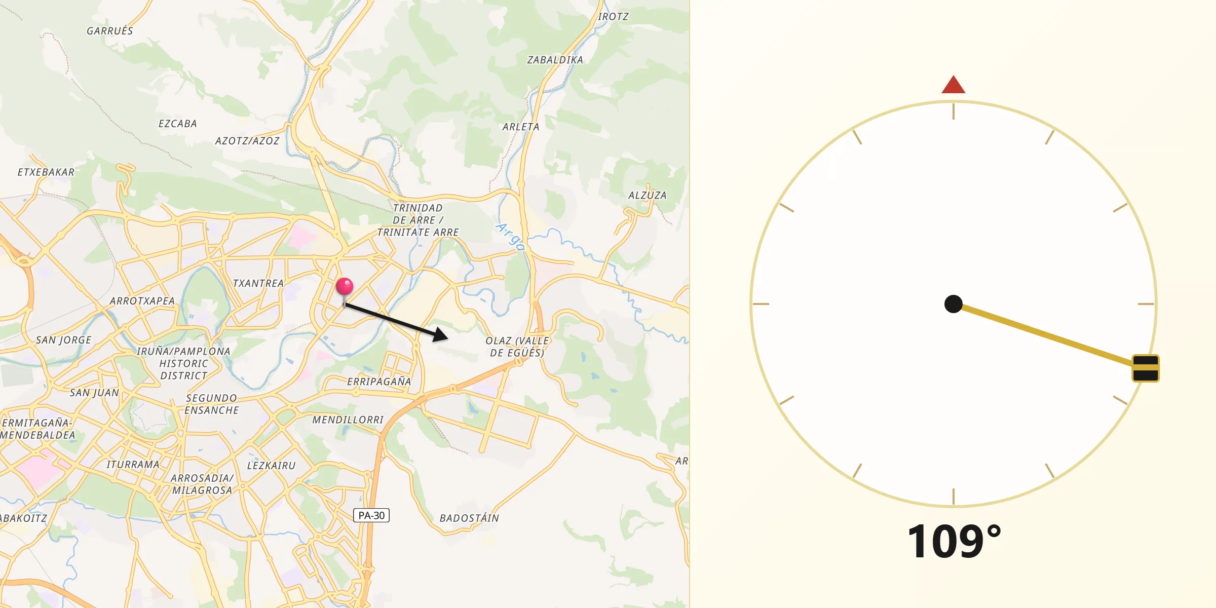 Dirección de la Qibla desde Burlada