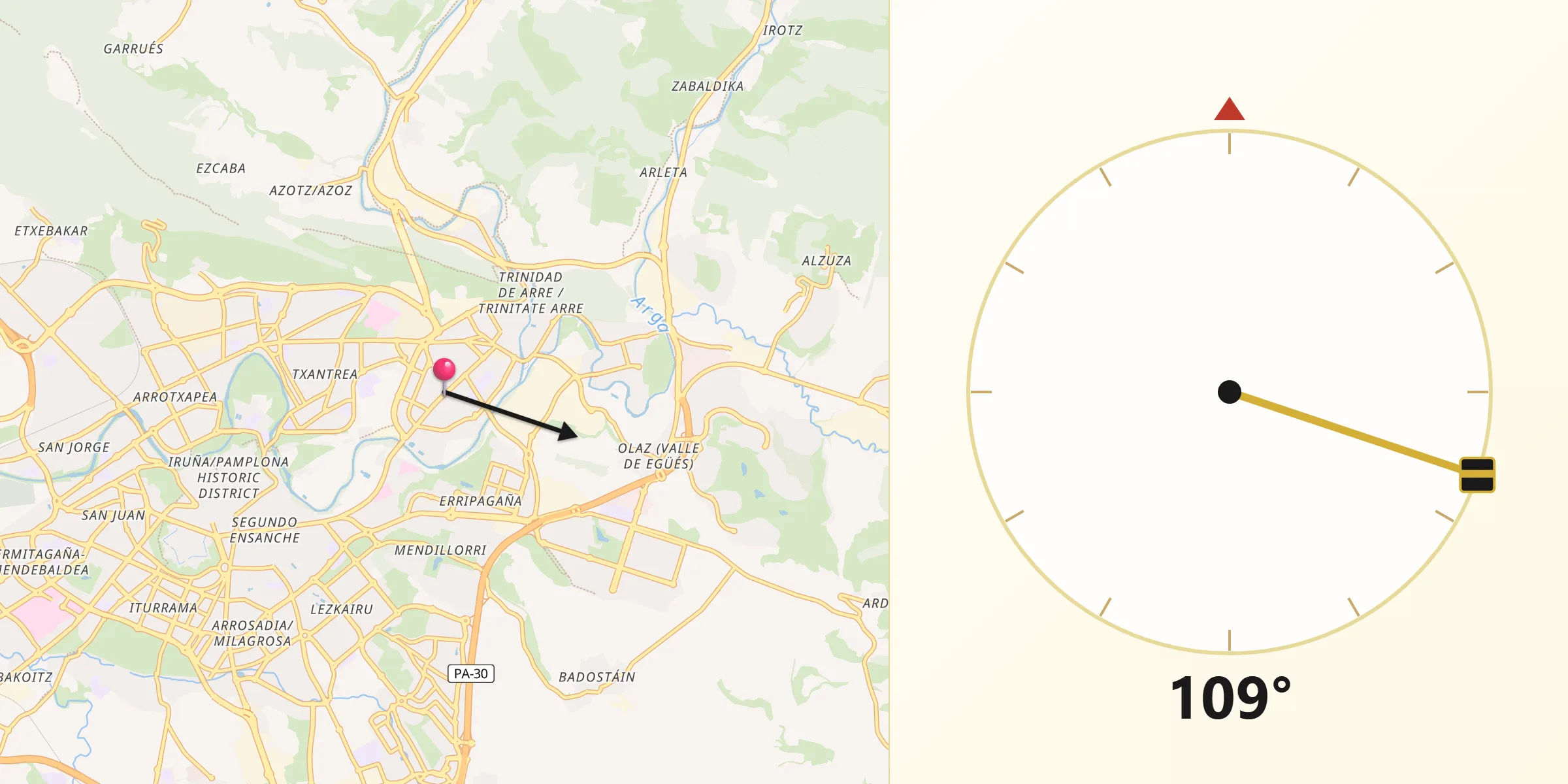 Dirección de la Qibla desde Burlada/Burlata