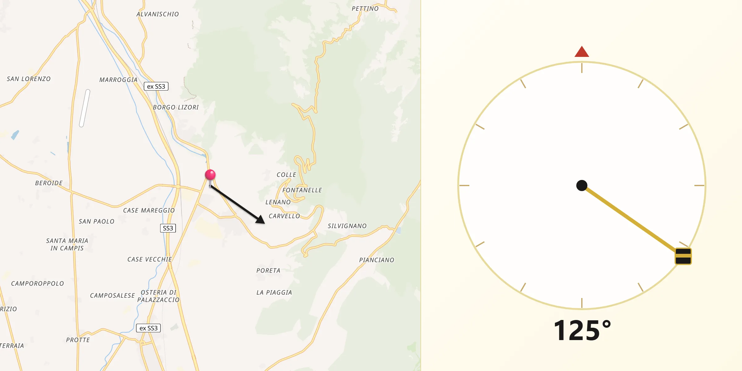 Direzione della Qibla da Campello sul Clitunno
