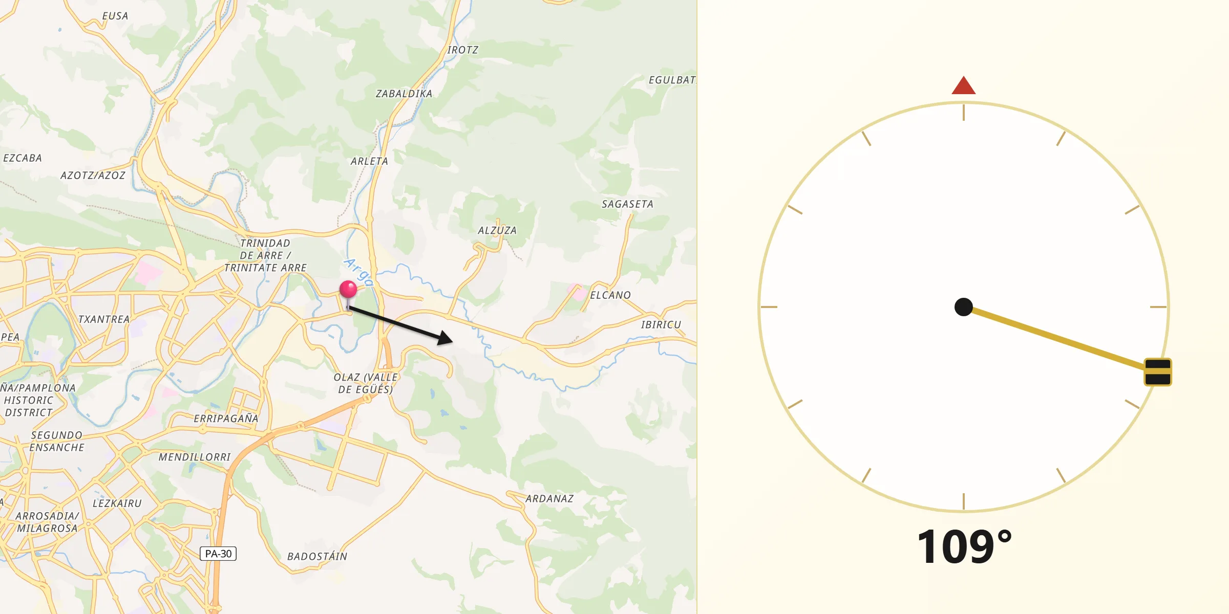 Dirección de la Qibla desde Huarte/Uharte