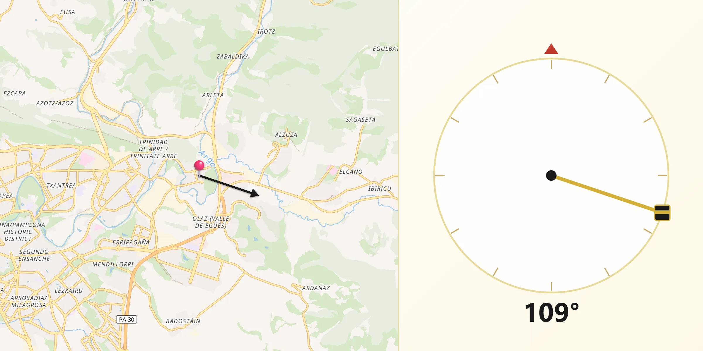 Dirección de la Qibla desde Huarte-Uharte