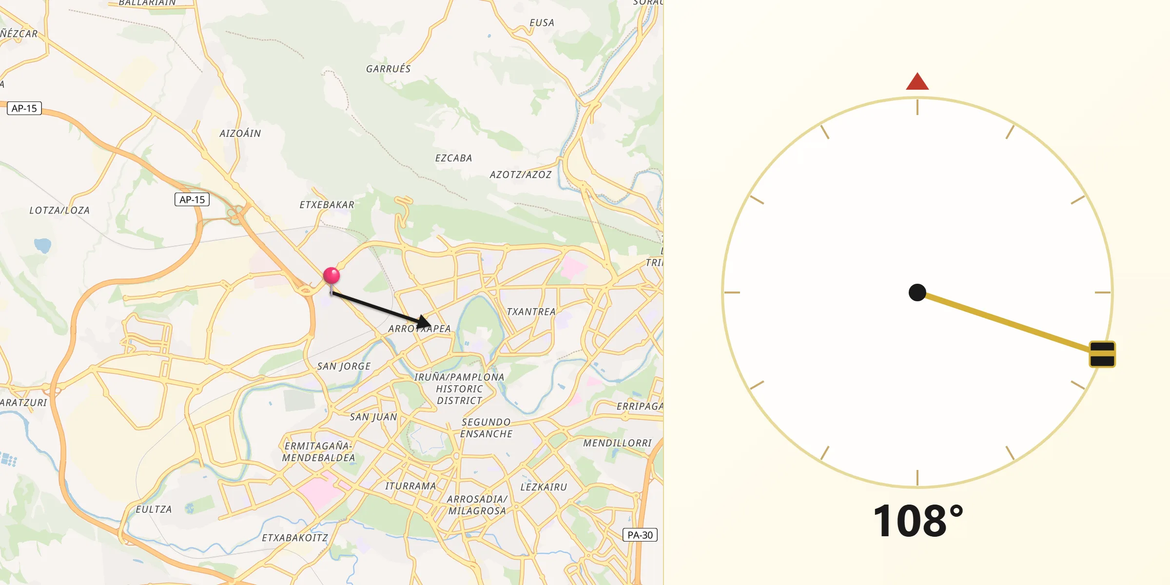 Dirección de la Qibla desde Berriozar