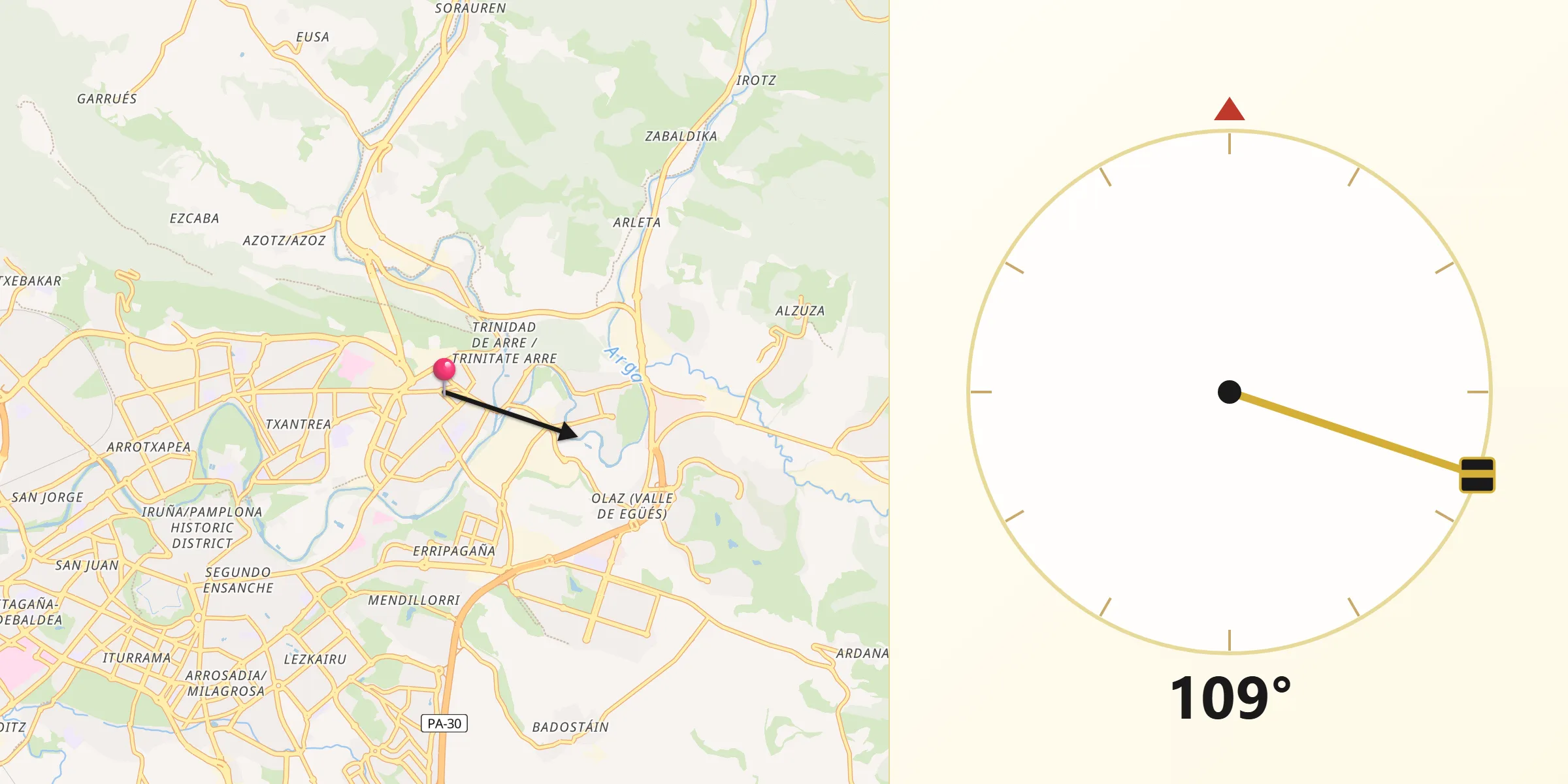 Dirección de la Qibla desde Villava/Atarrabia