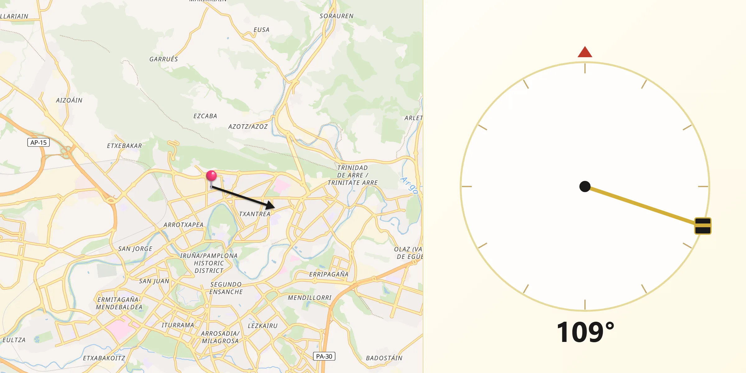 Dirección de la Qibla desde Ansoáin/Antsoain