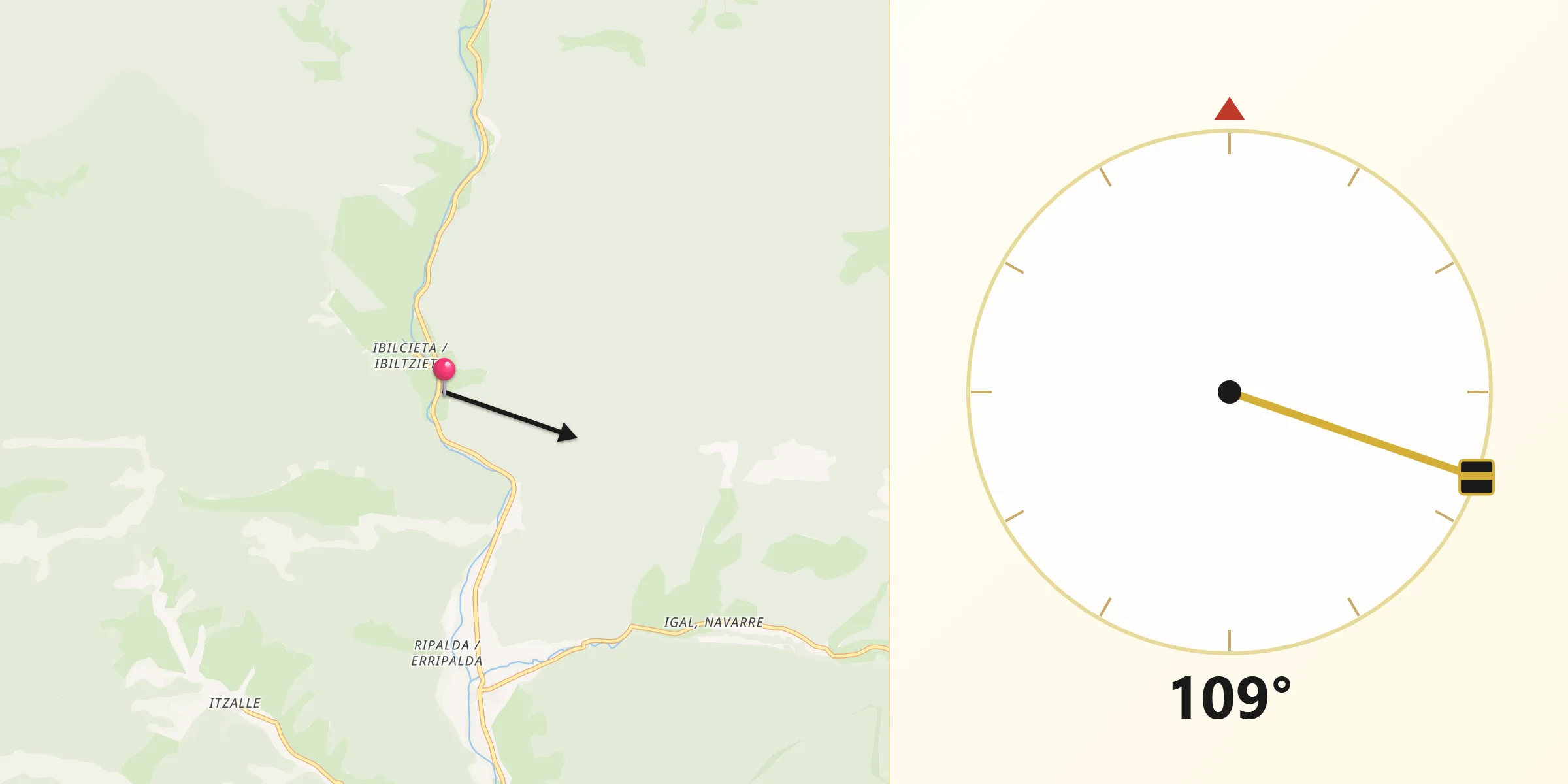 Dirección de la Qibla desde Sarriés/Sartze