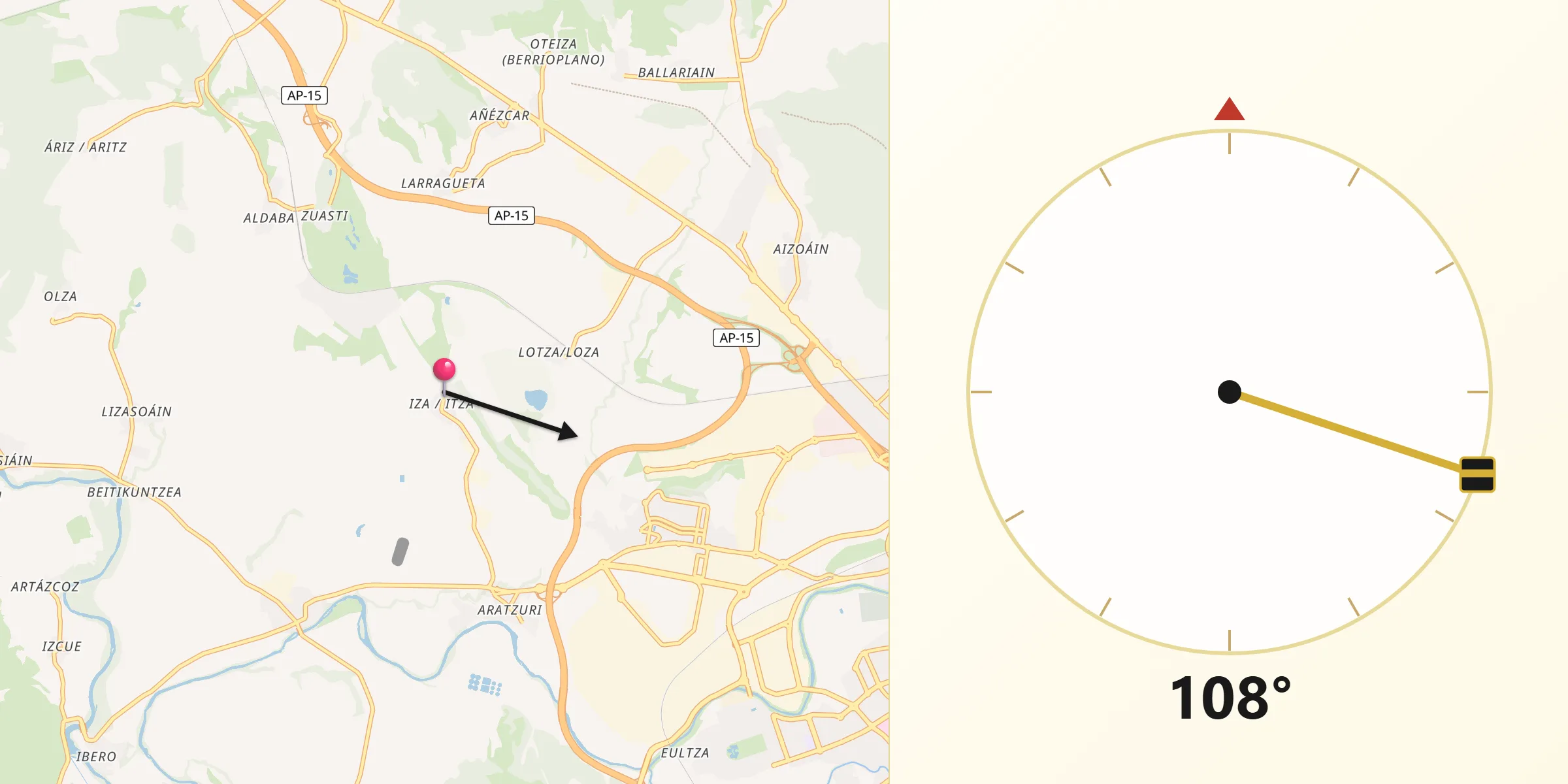Dirección de la Qibla desde Iza/Itza