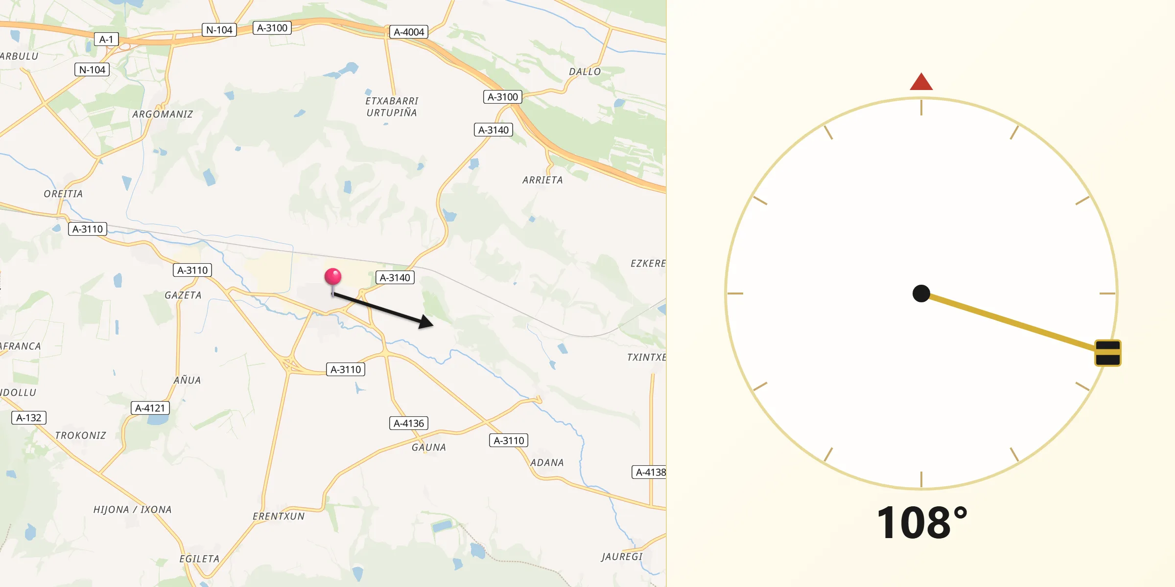Dirección de la Qibla desde Alegría-Dulantzi