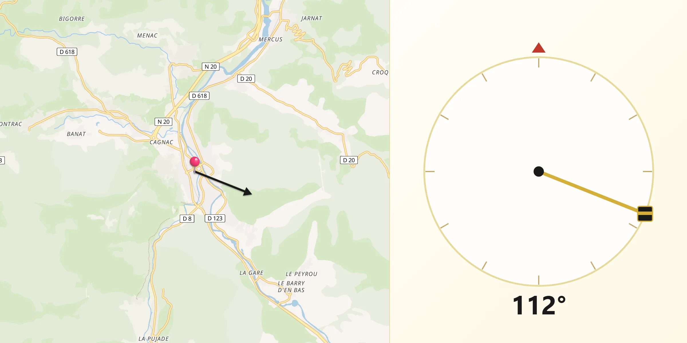 Direction vers la Qibla depuis Tarascon-sur-Ariège