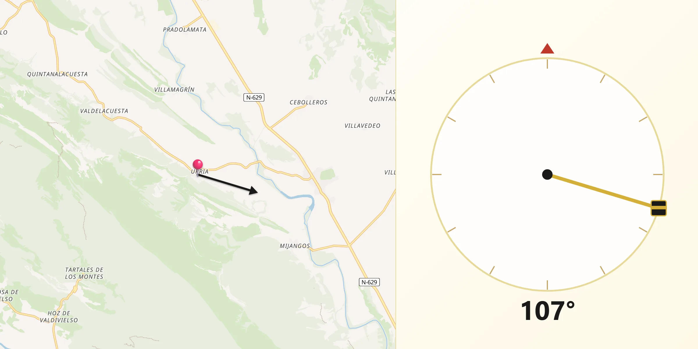 Dirección de la Qibla desde Merindad de Cuesta-Urria