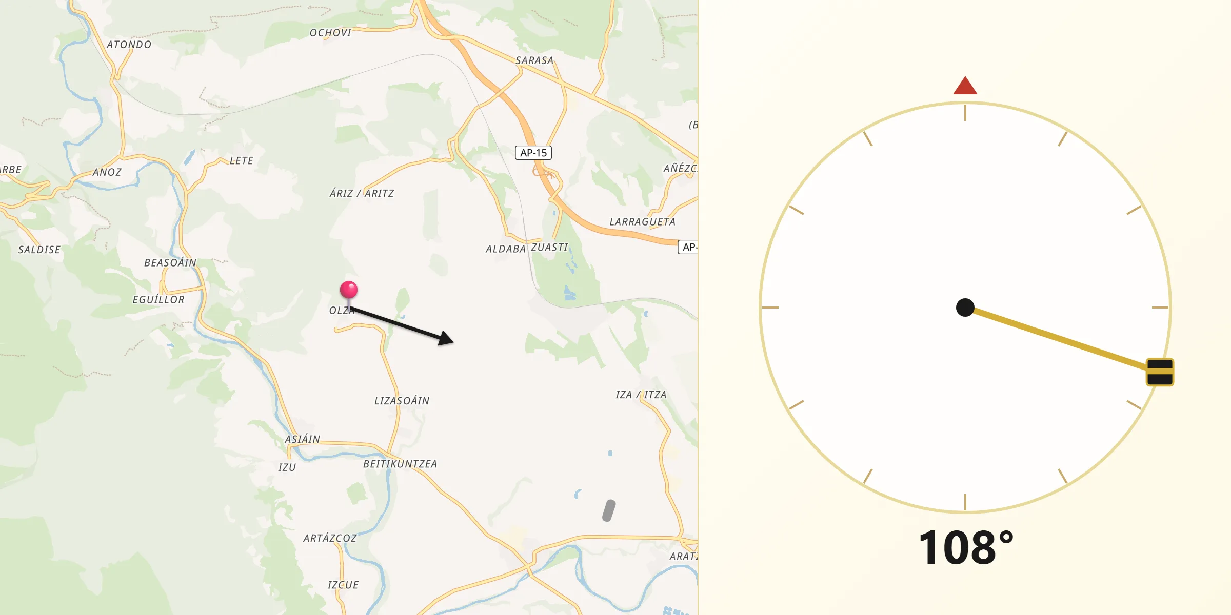 Dirección de la Qibla desde Cendea de Olza/Oltza Zendea