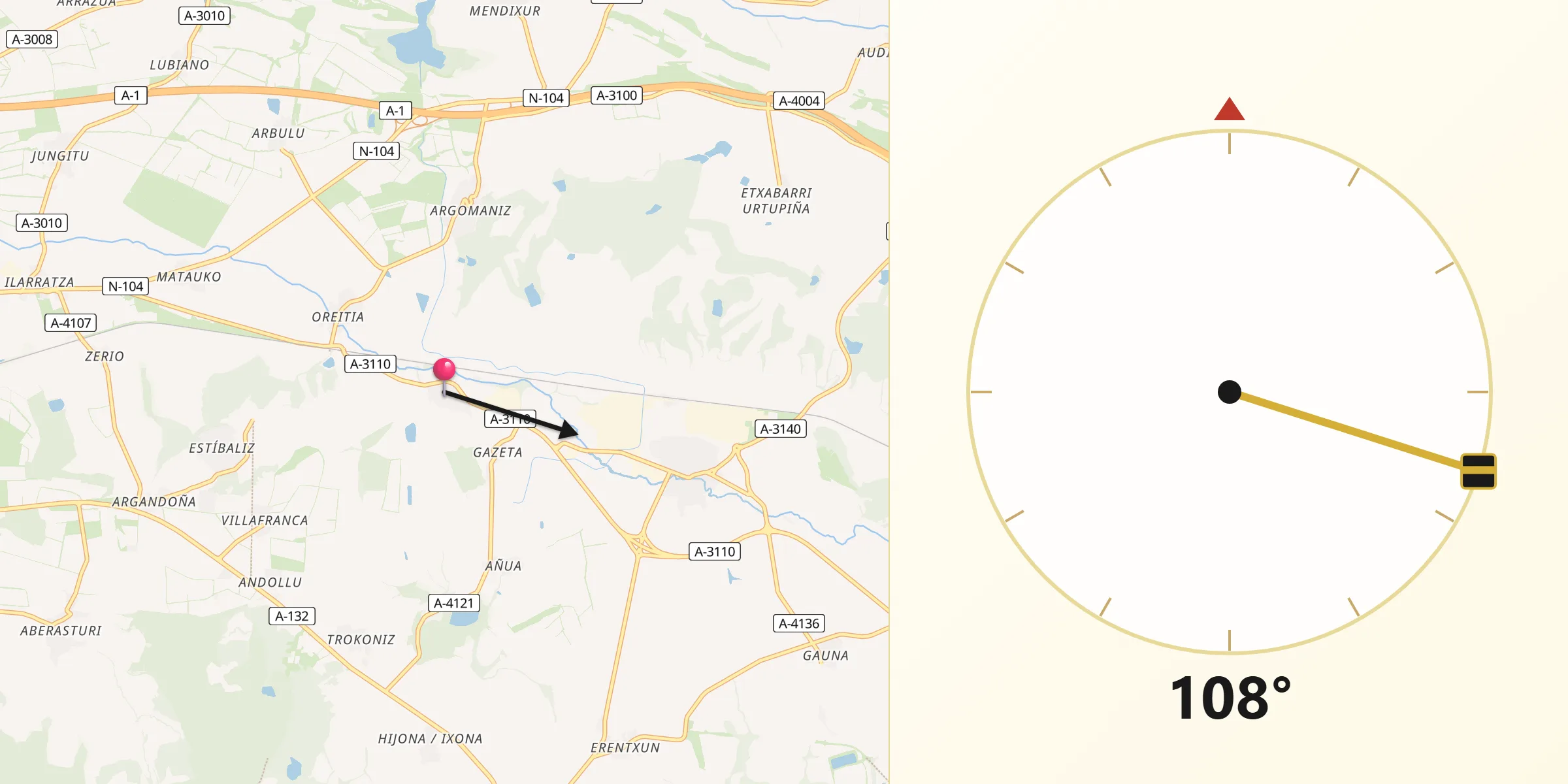 Dirección de la Qibla desde Elburgo/Burgelu