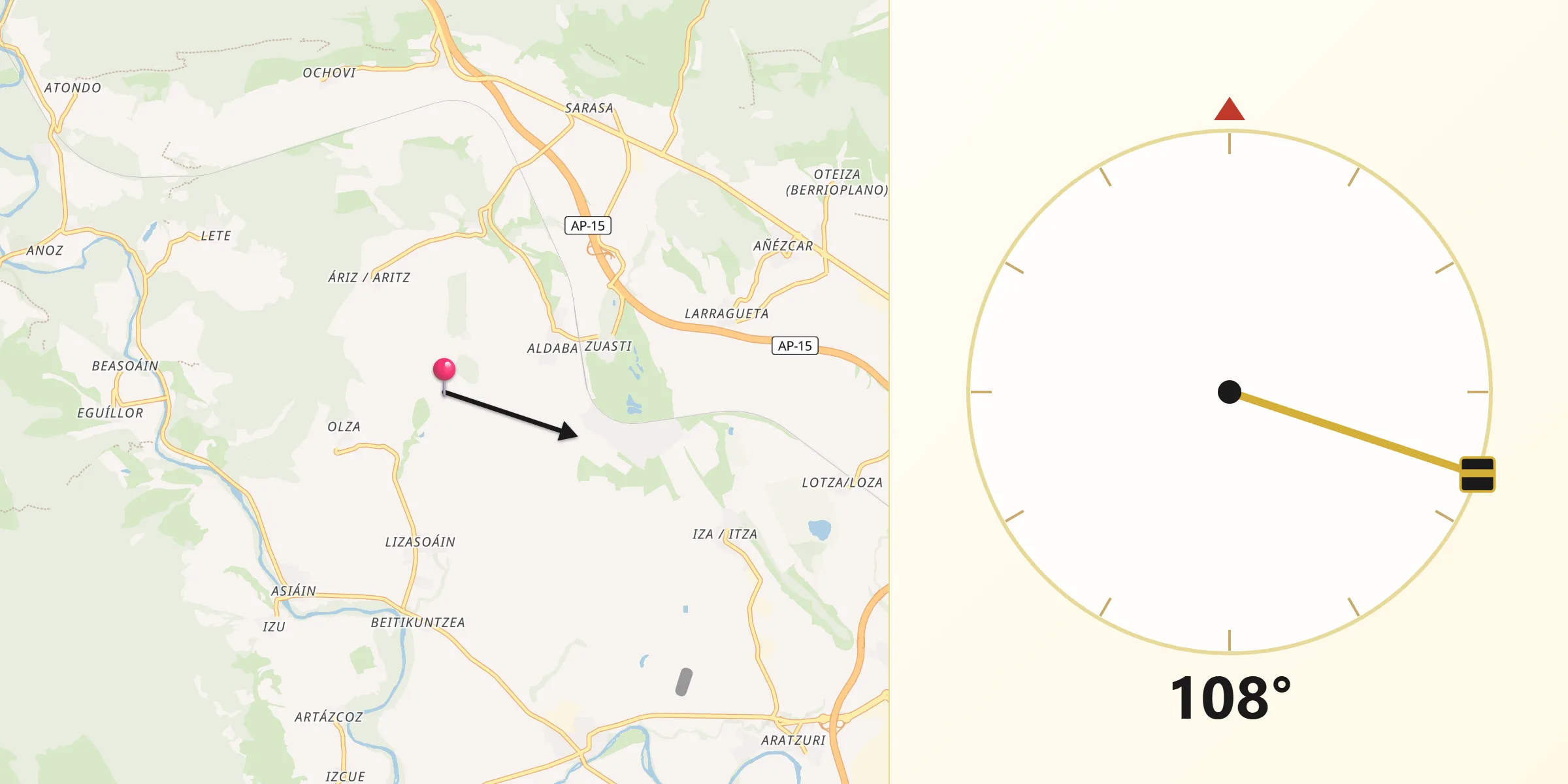Dirección de la Qibla desde Oltza