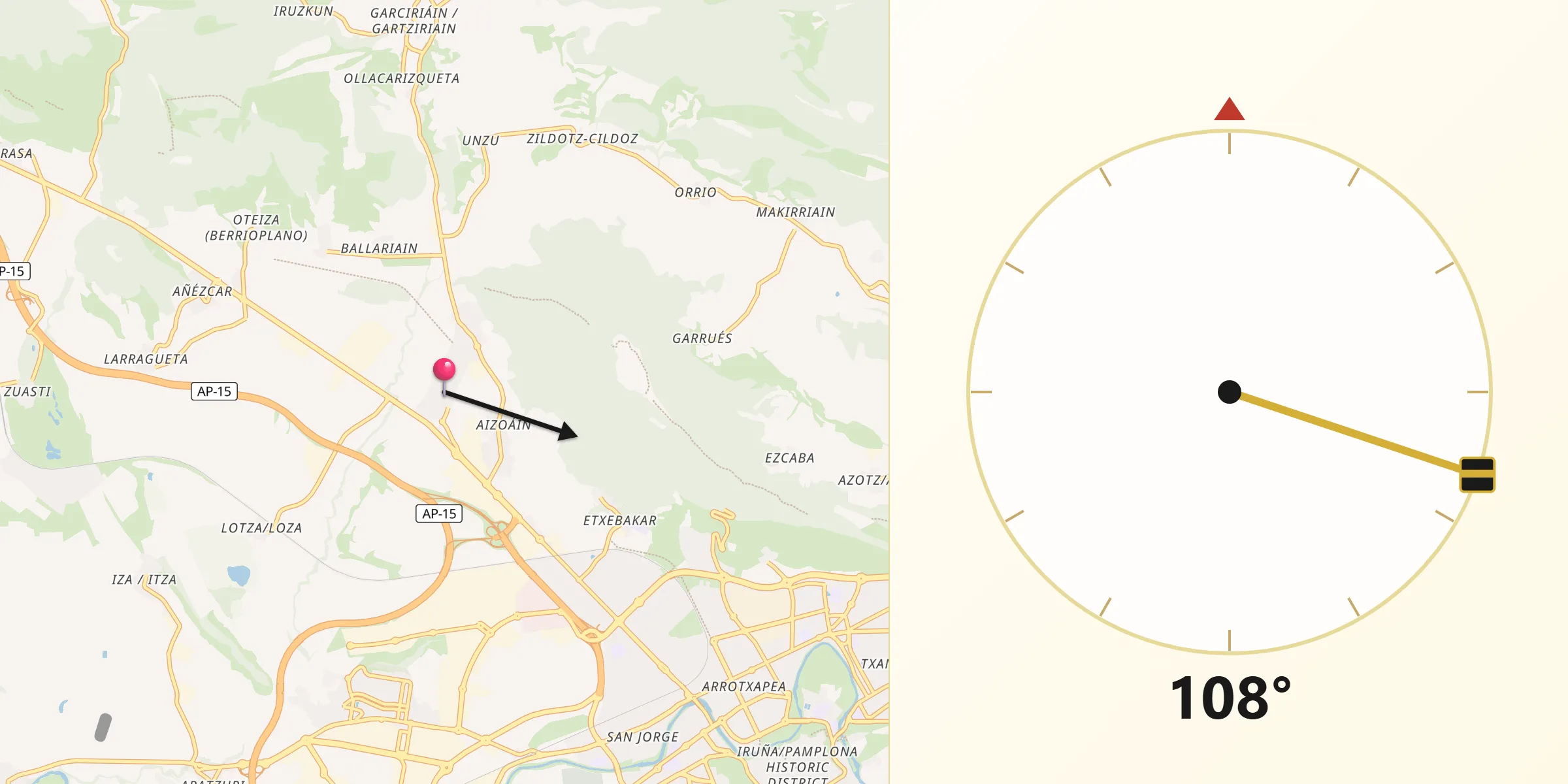 Dirección de la Qibla desde Berrioplano/Berriobeiti