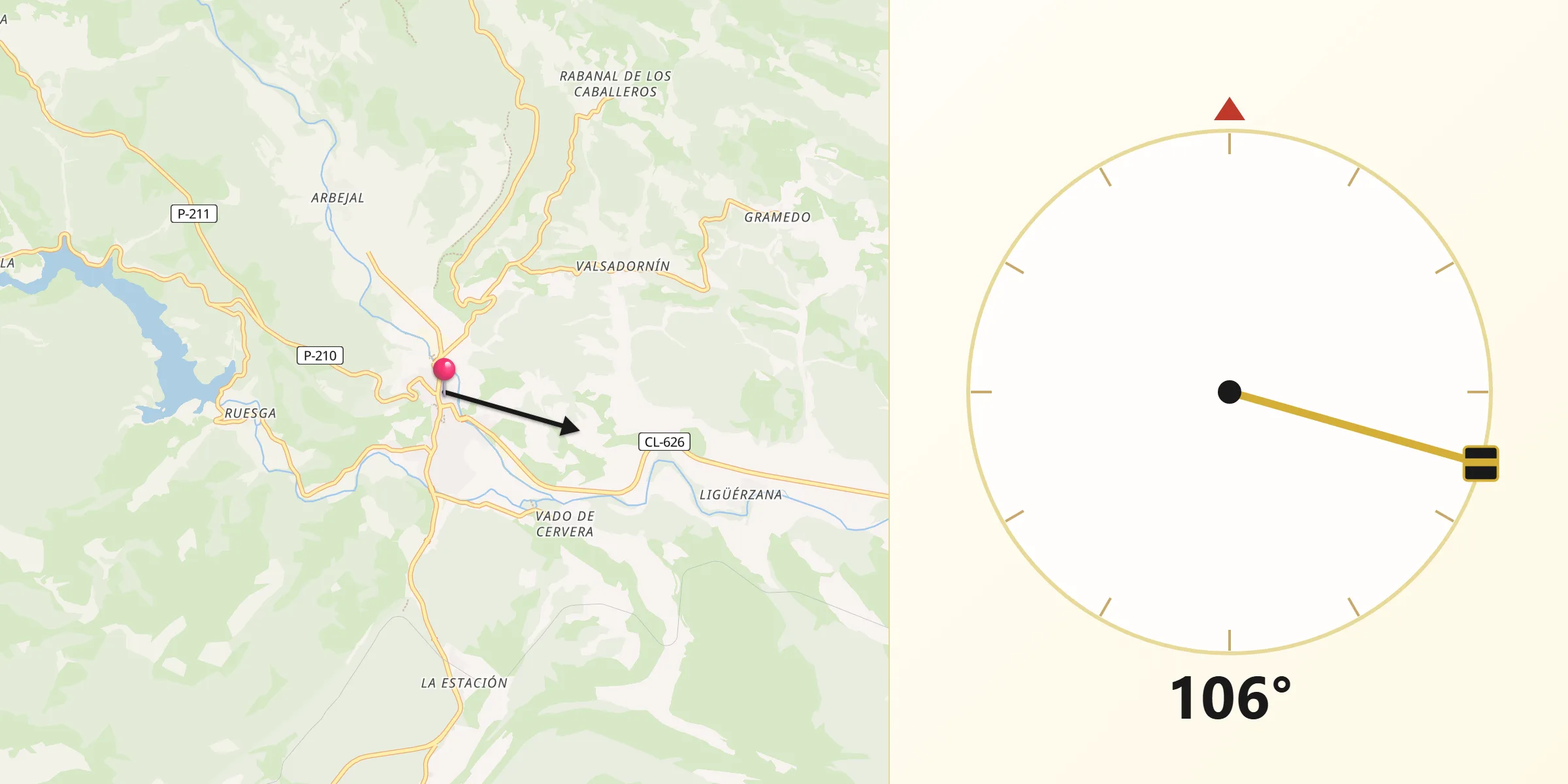 Dirección de la Qibla desde Cervera de Pisuerga