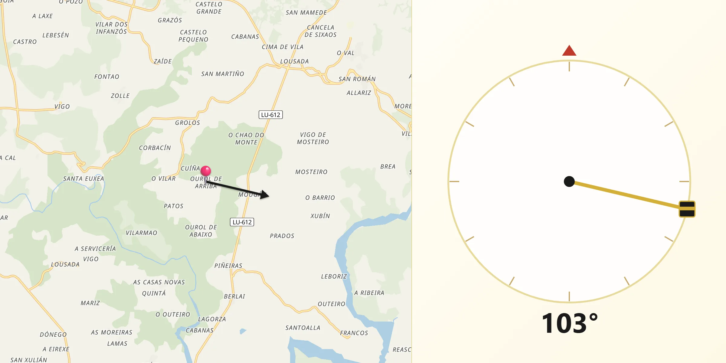 Dirección de la Qibla desde Ourol