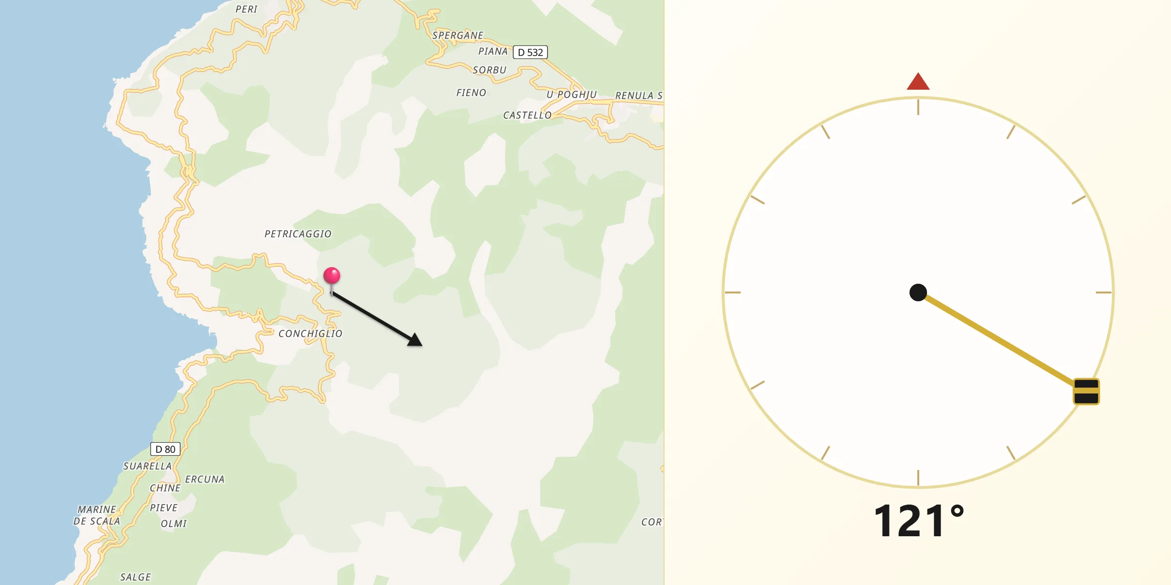 Direction vers la Qibla depuis Cagnano