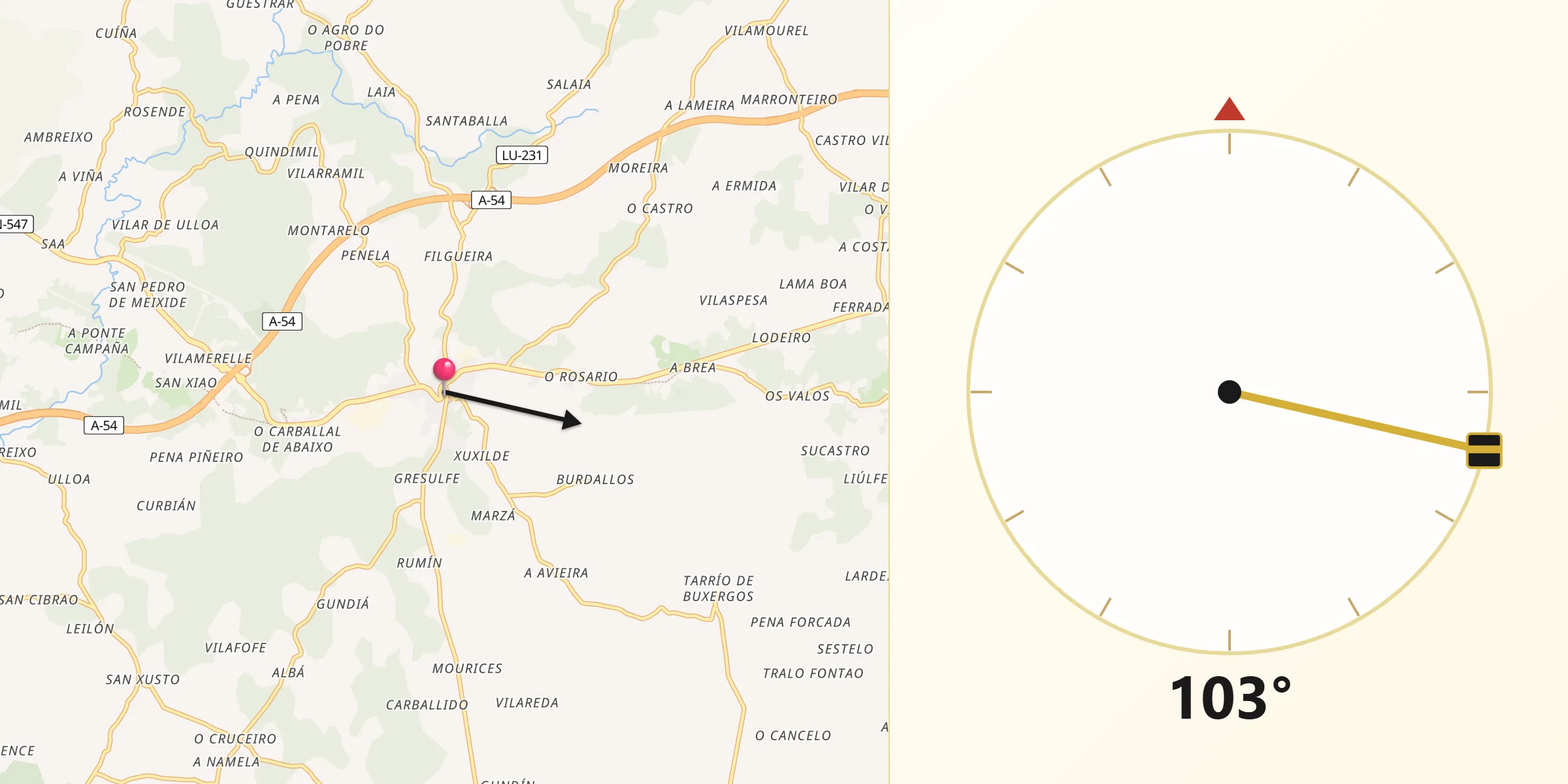 Dirección de la Qibla desde Palas de Rei