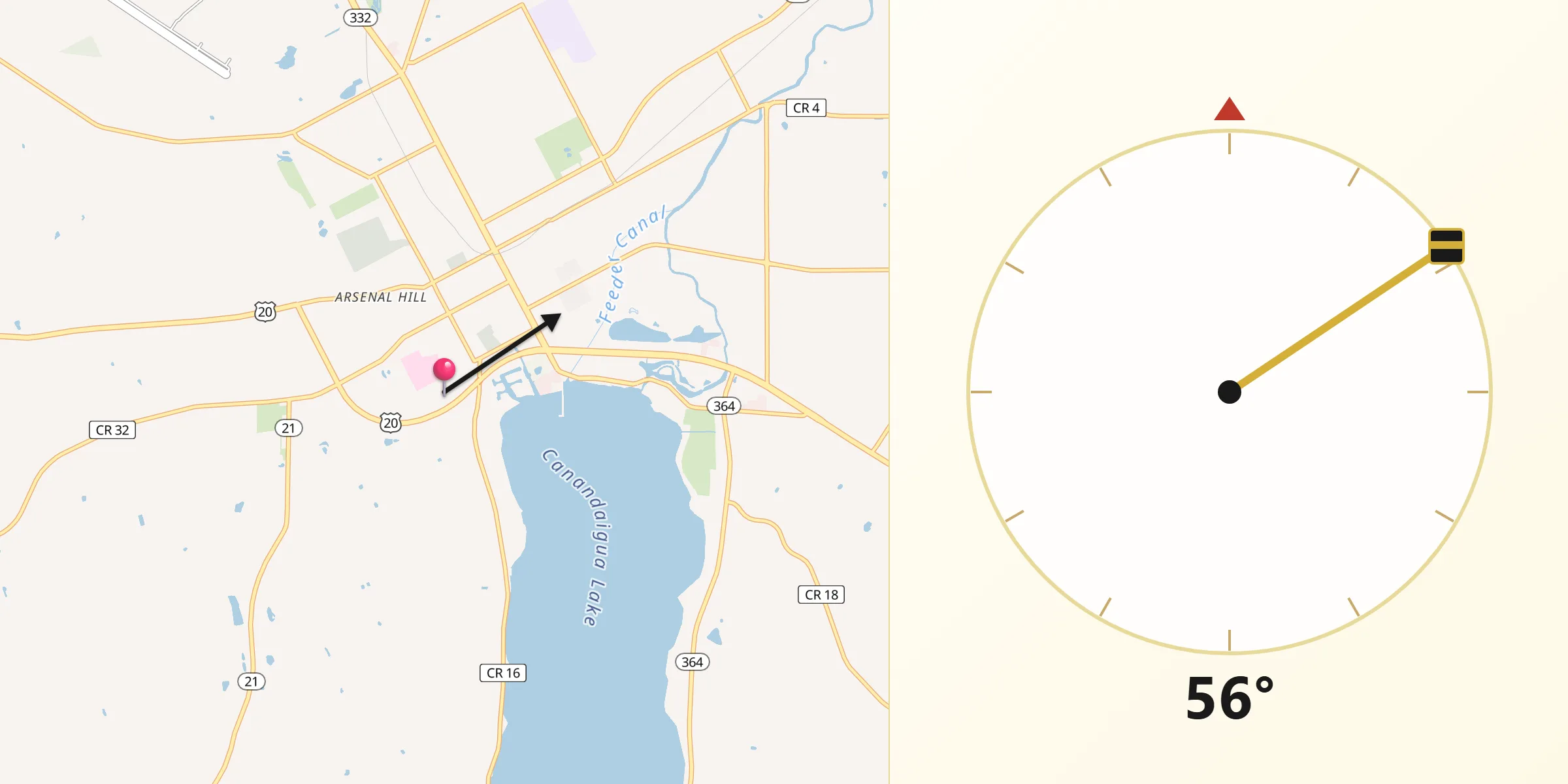 Qibla Direction from Canandaigua