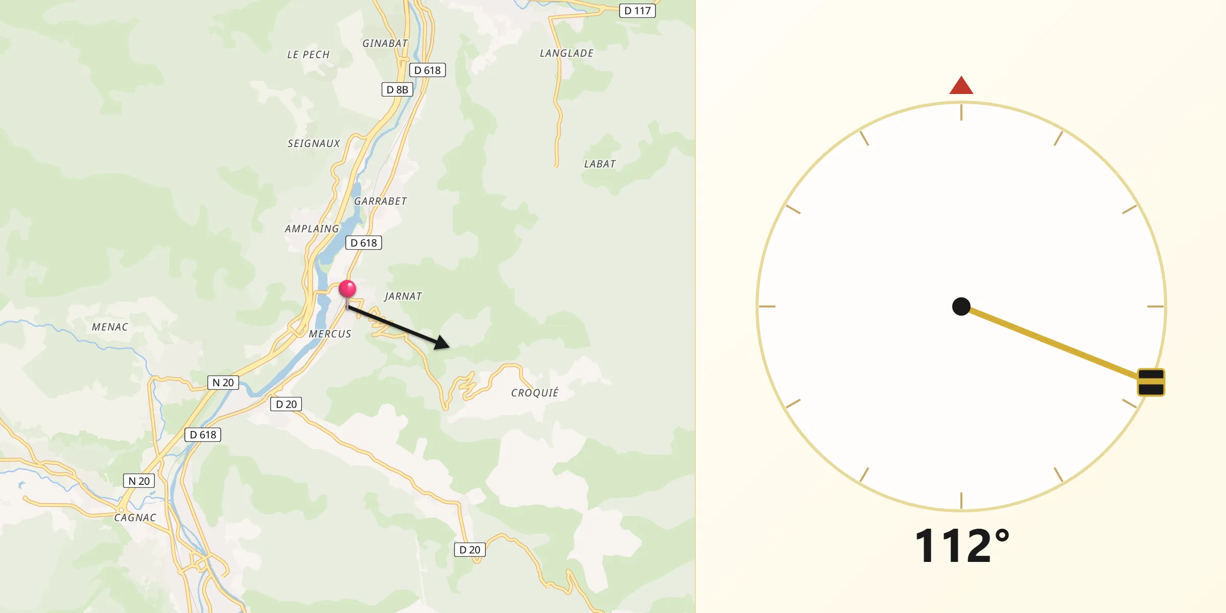 Direction vers la Qibla depuis Mercus-Garrabet