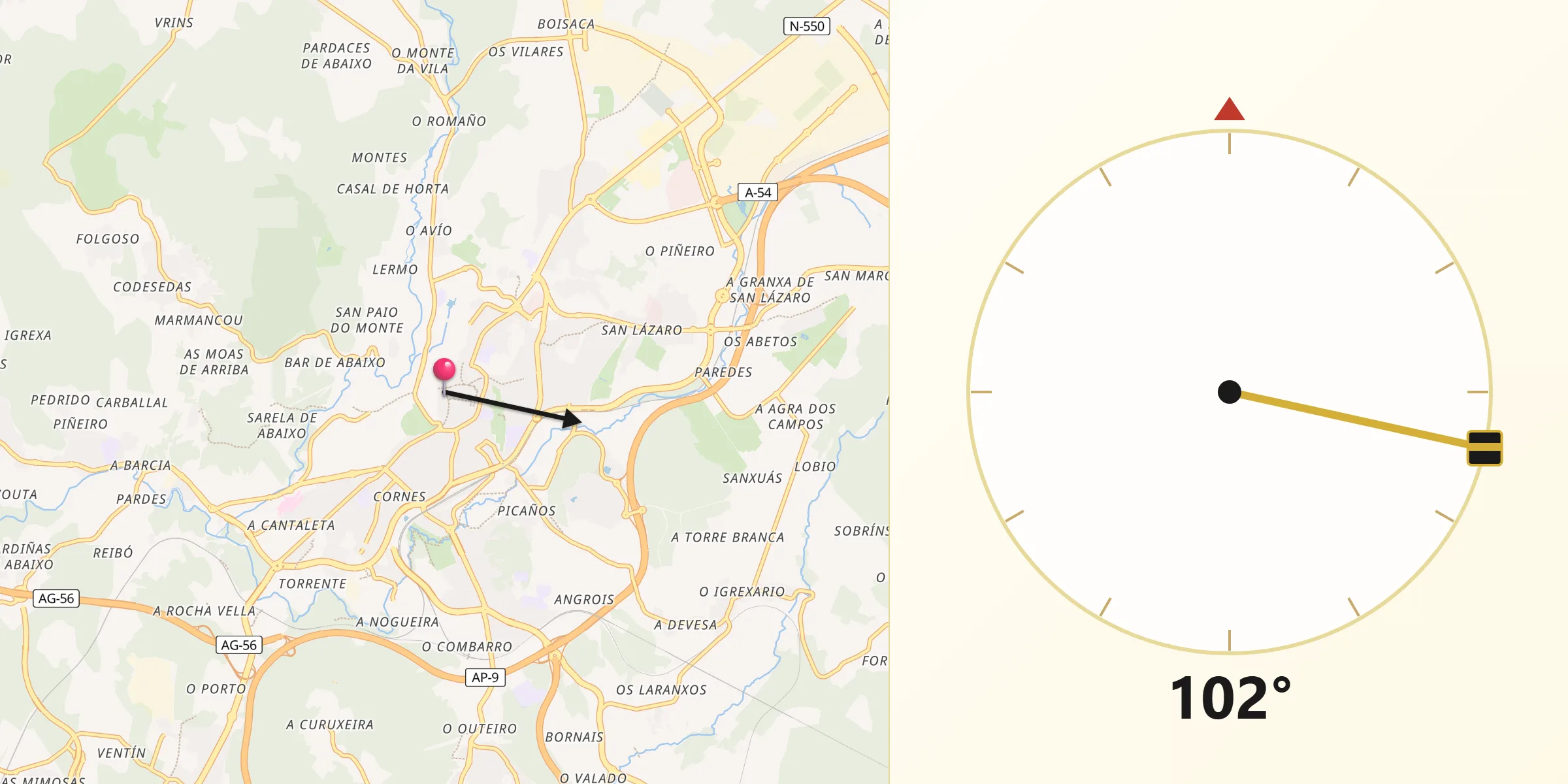 Dirección de la Qibla desde Santiago de Compostela