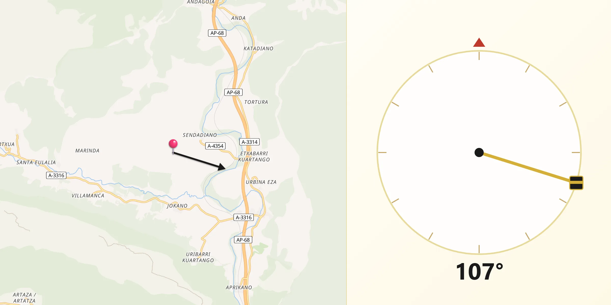 Dirección de la Qibla desde Kuartango