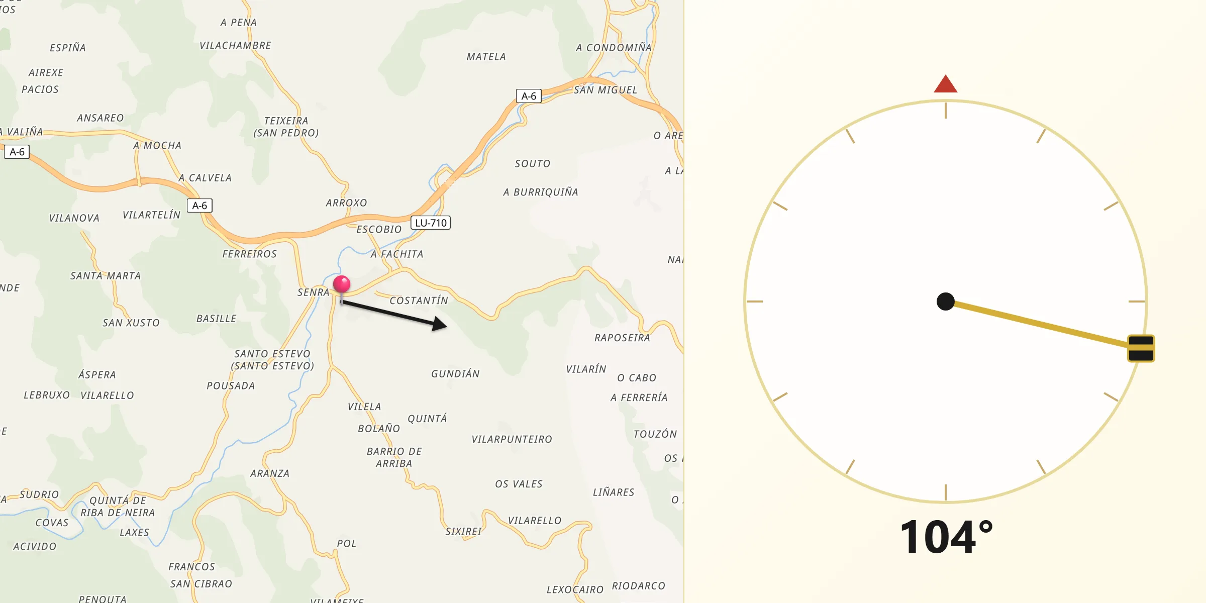 Dirección de la Qibla desde Baralla