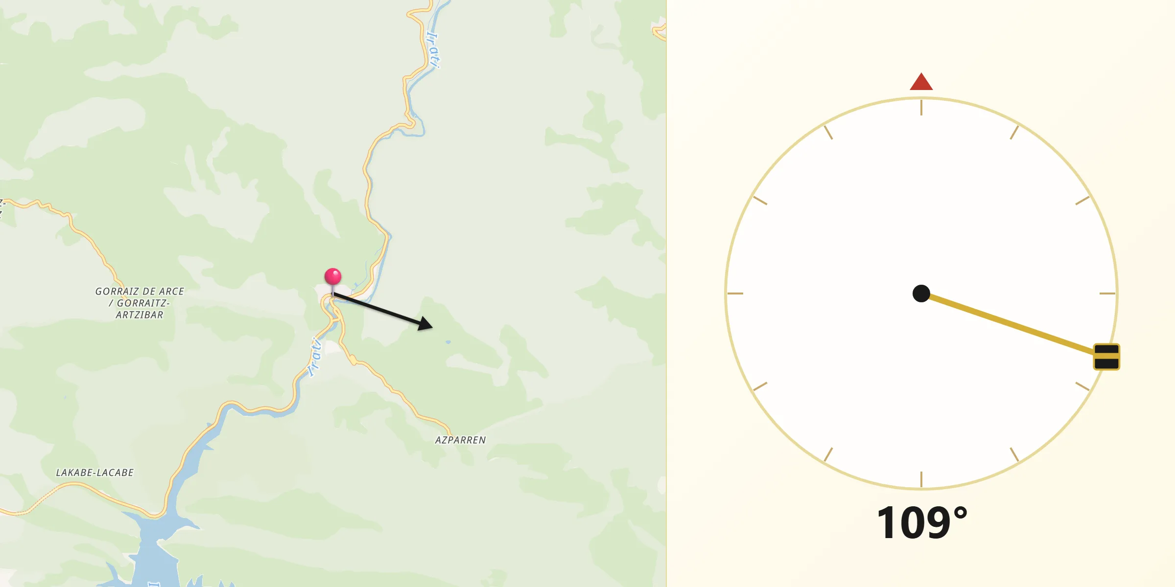 Dirección de la Qibla desde Oroz-Betelu/Orotz-Betelu