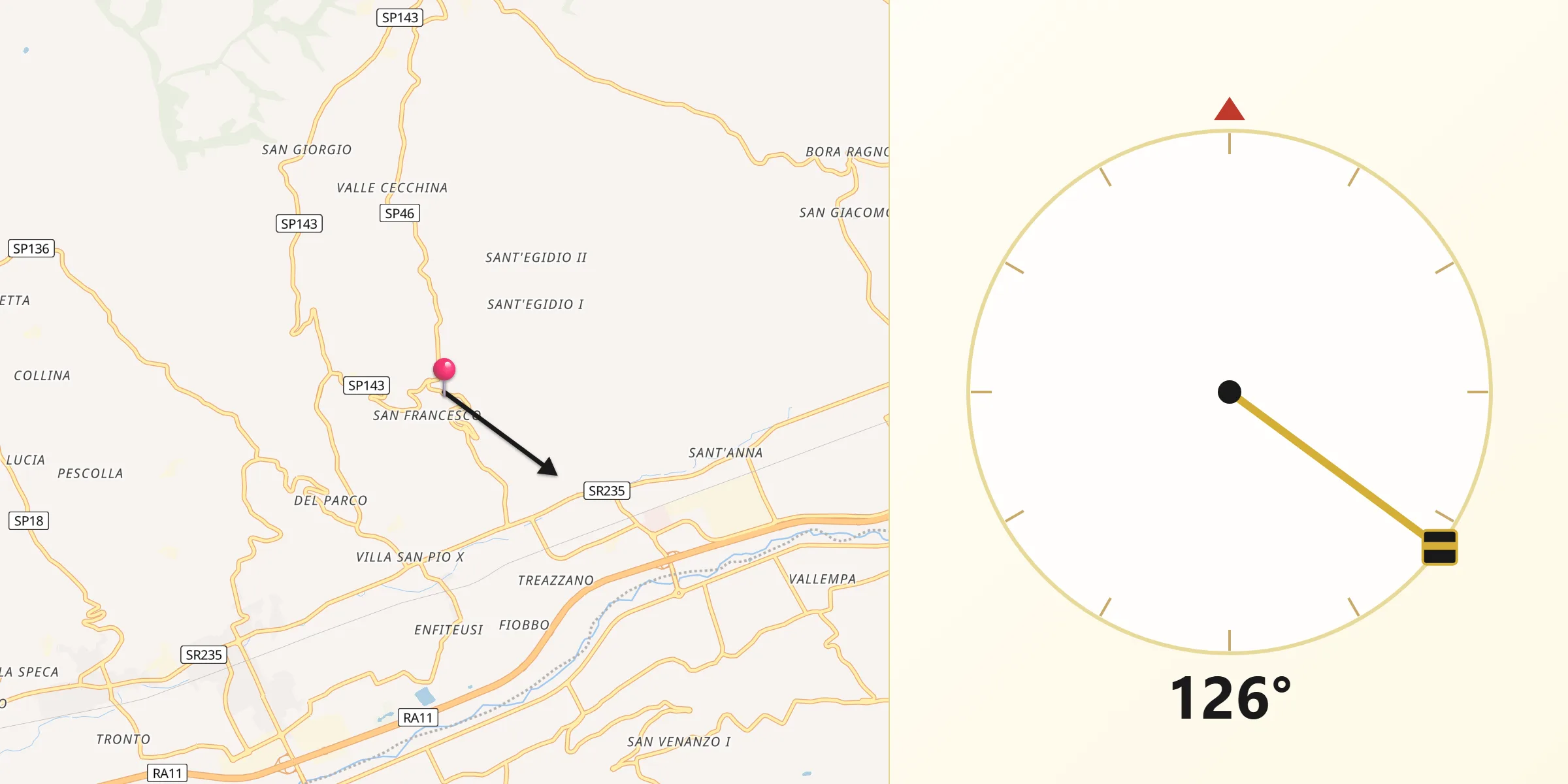 Direzione della Qibla da Monsampolo del Tronto