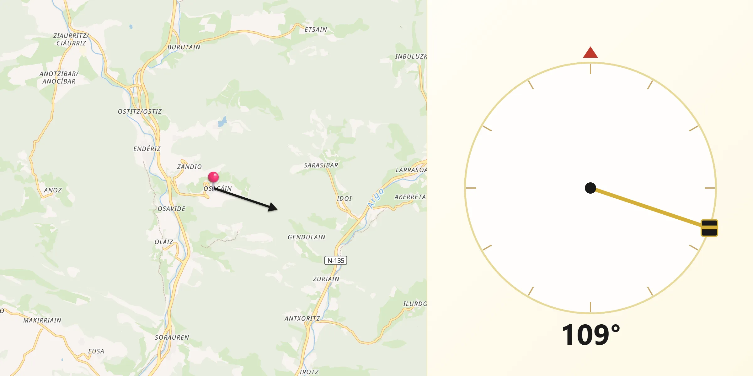 Dirección de la Qibla desde Olaibar