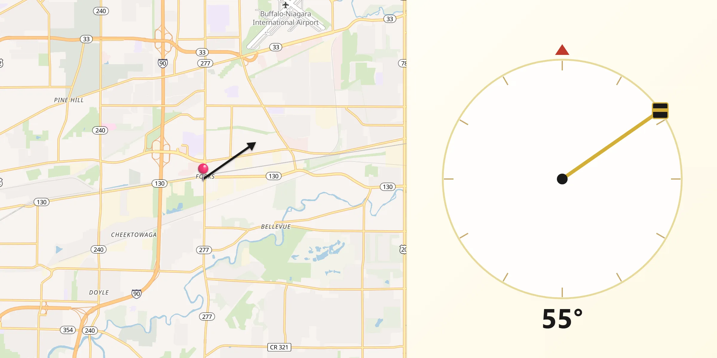Qibla Direction from Cheektowaga