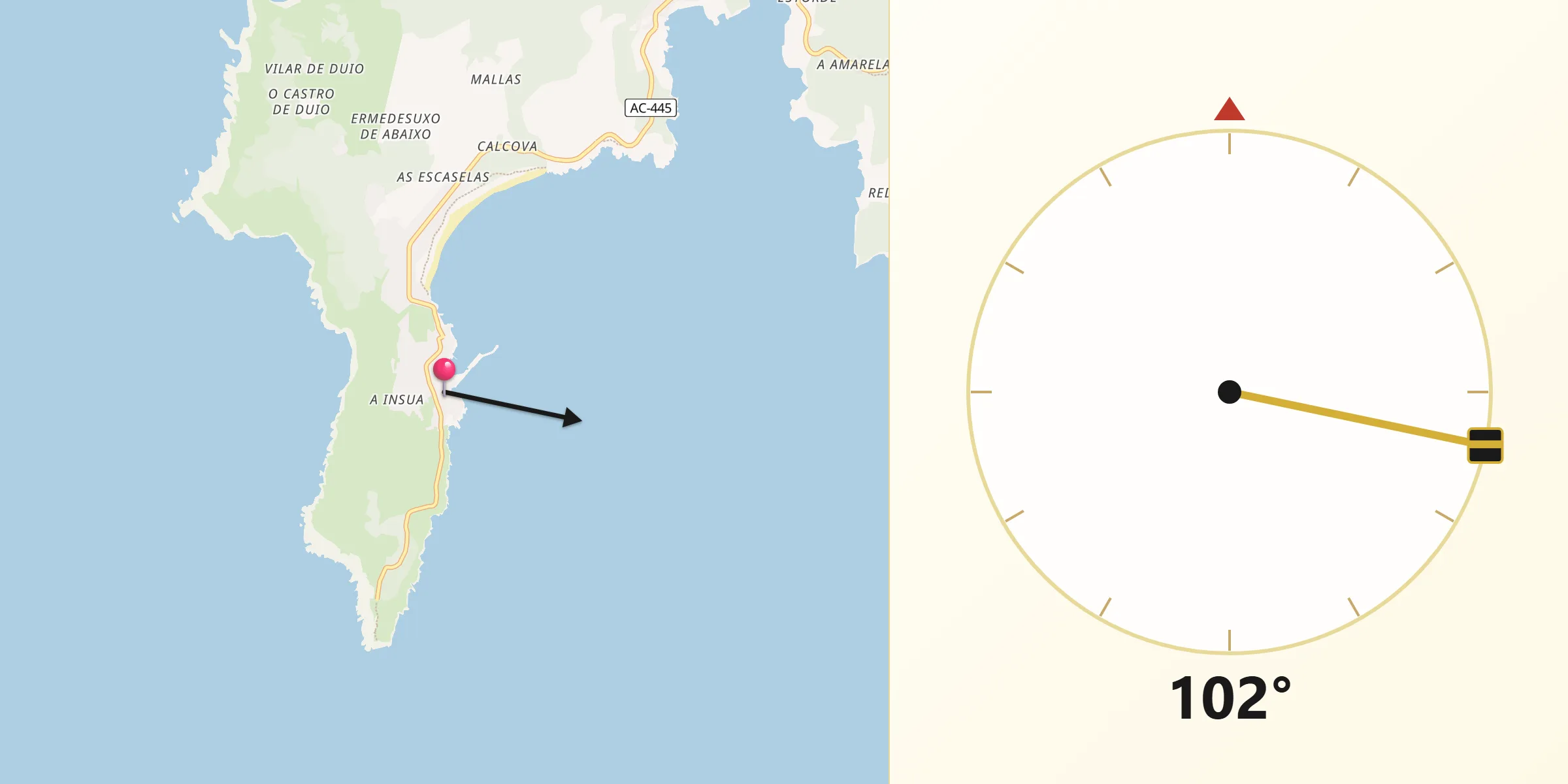 Dirección de la Qibla desde Fisterra