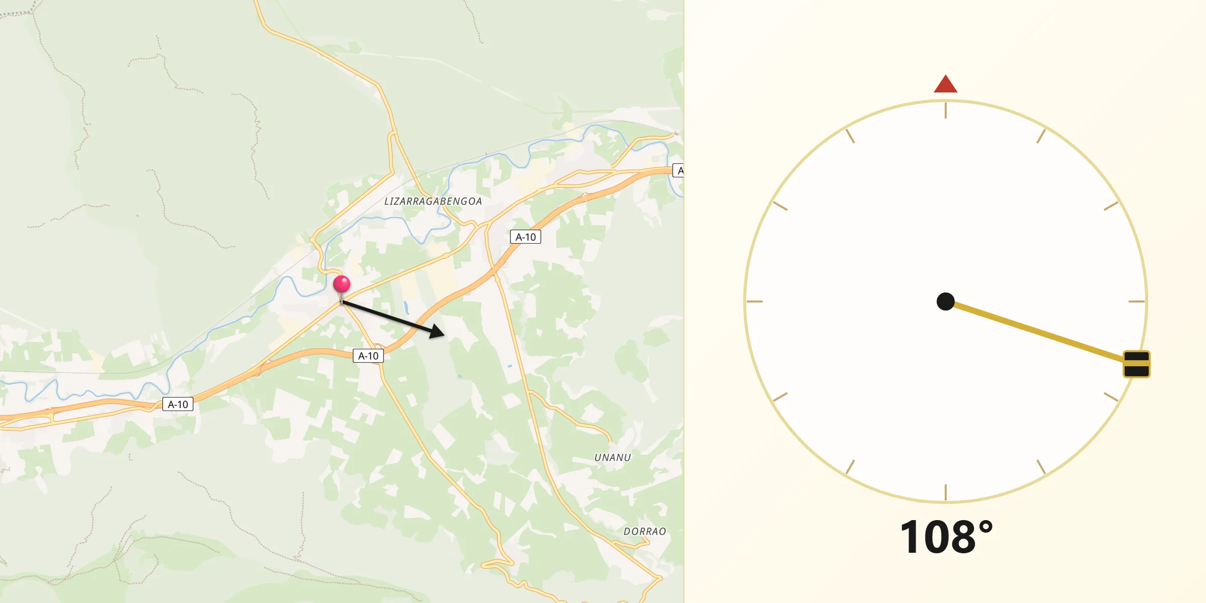 Dirección de la Qibla desde Etxarri-Aranatz