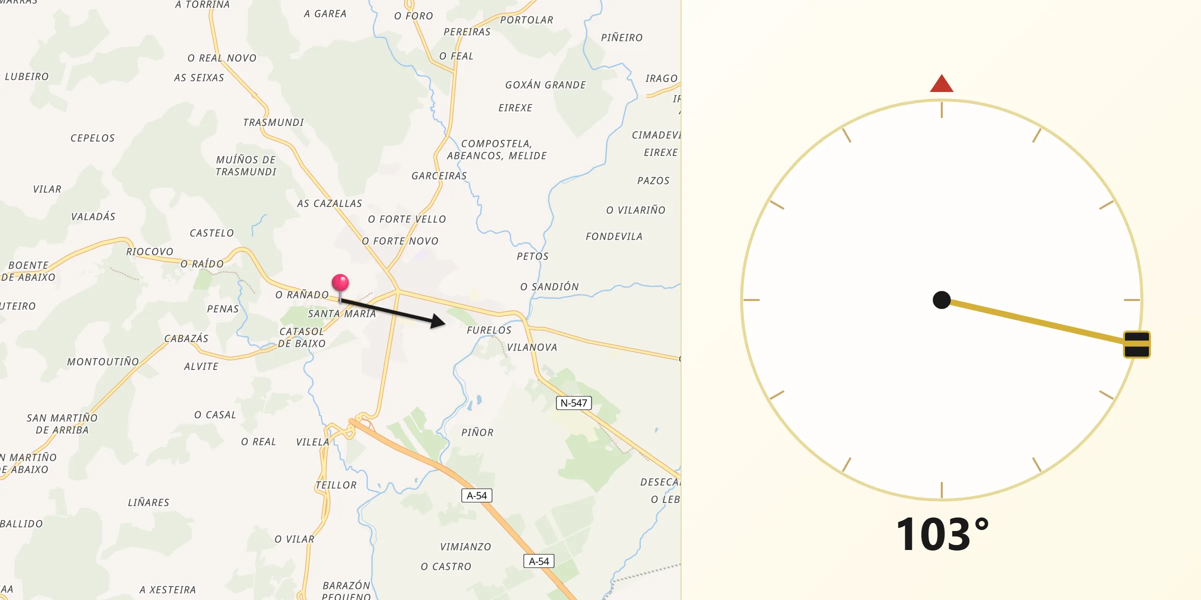 Dirección de la Qibla desde Melide