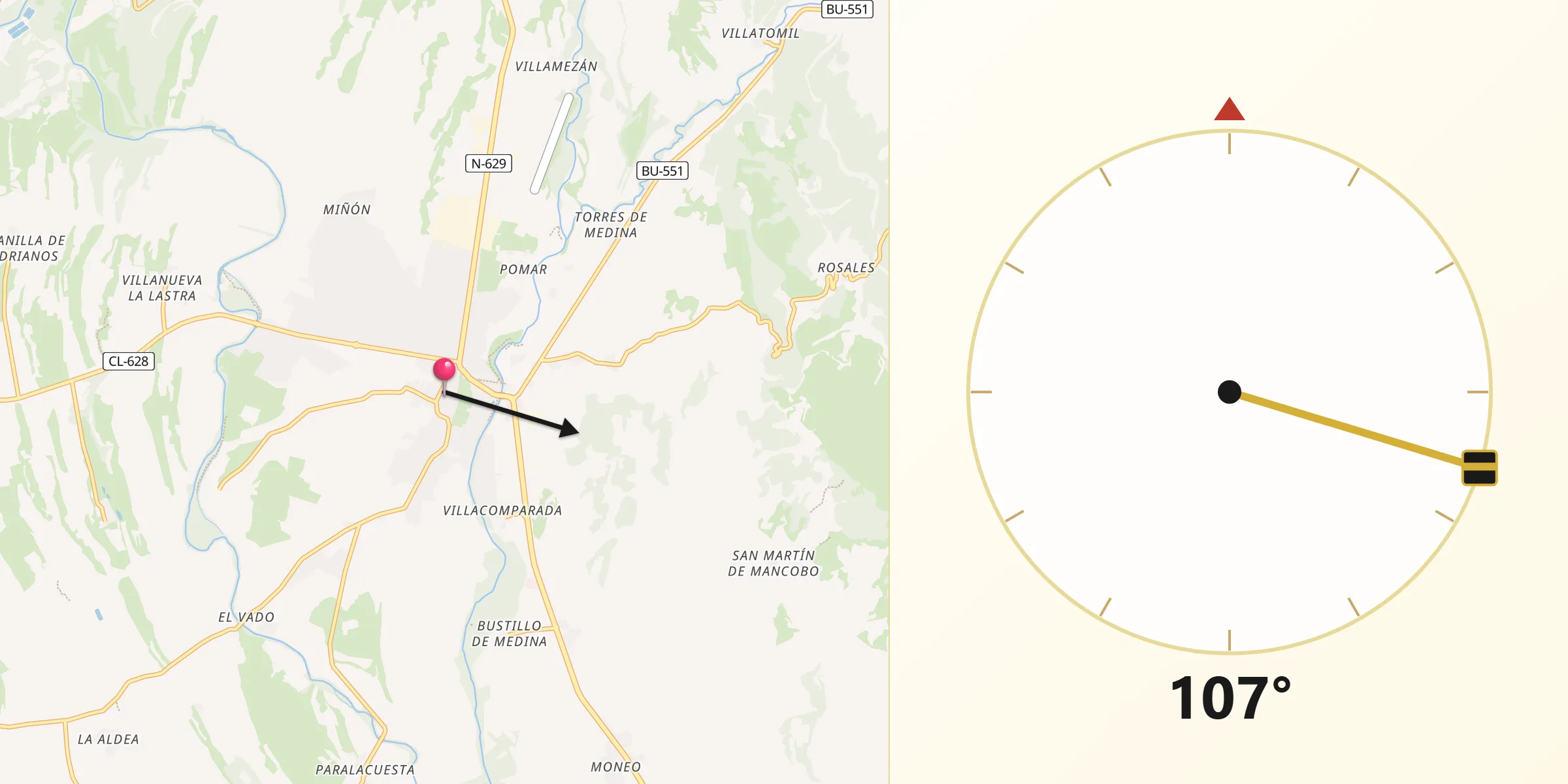 Dirección de la Qibla desde Medina de Pomar