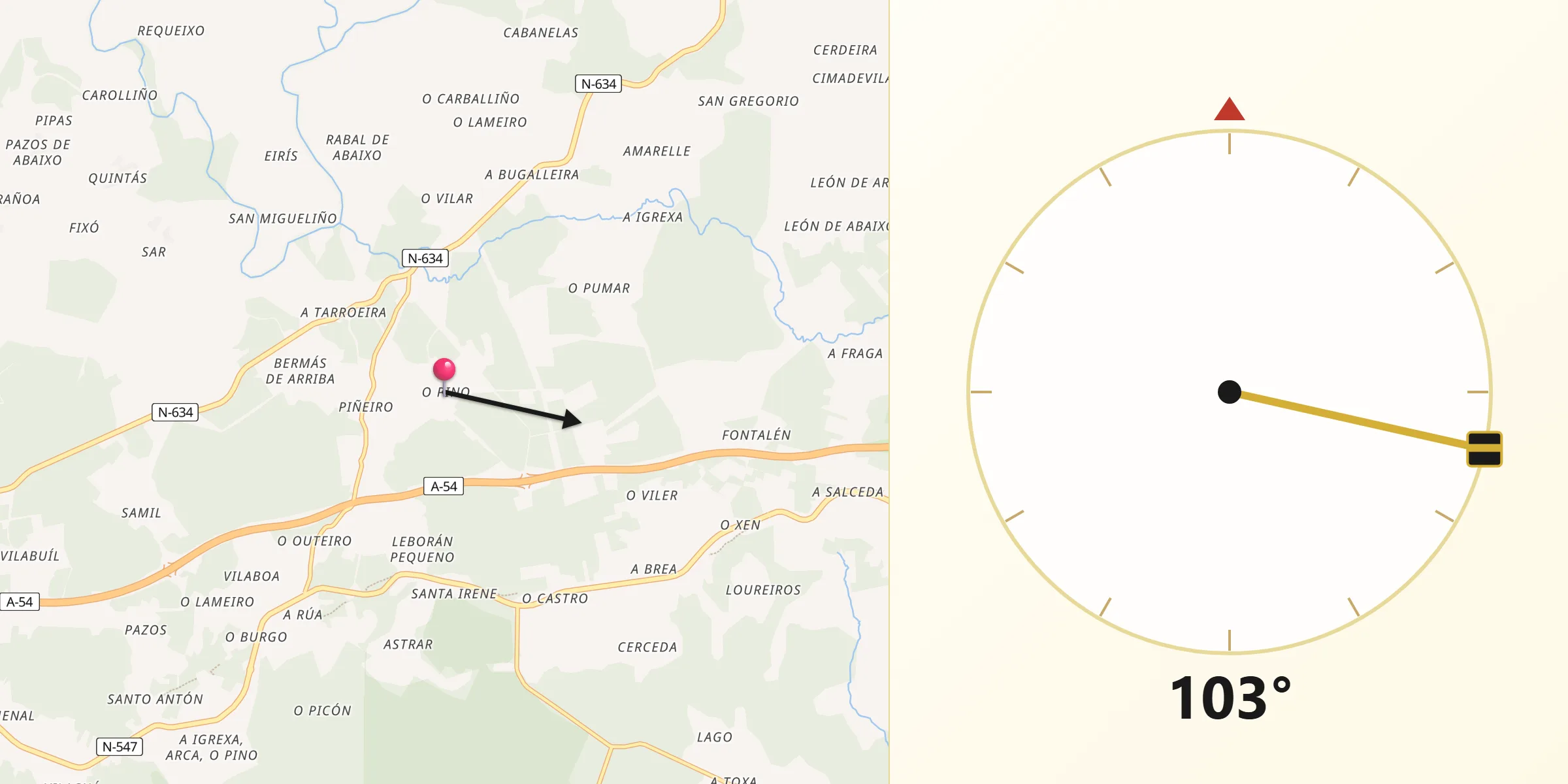 Dirección de la Qibla desde Pino O