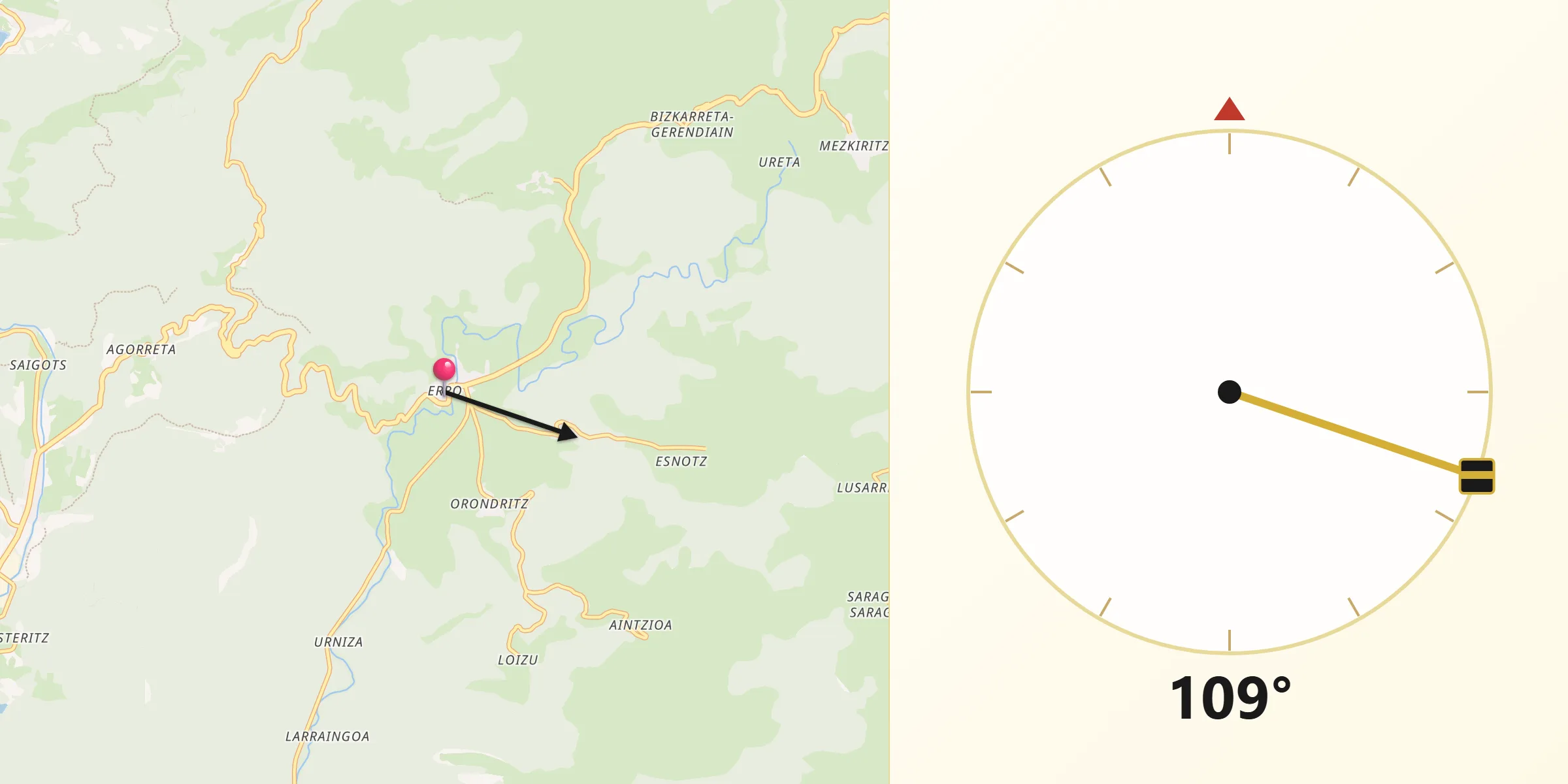 Dirección de la Qibla desde Erro