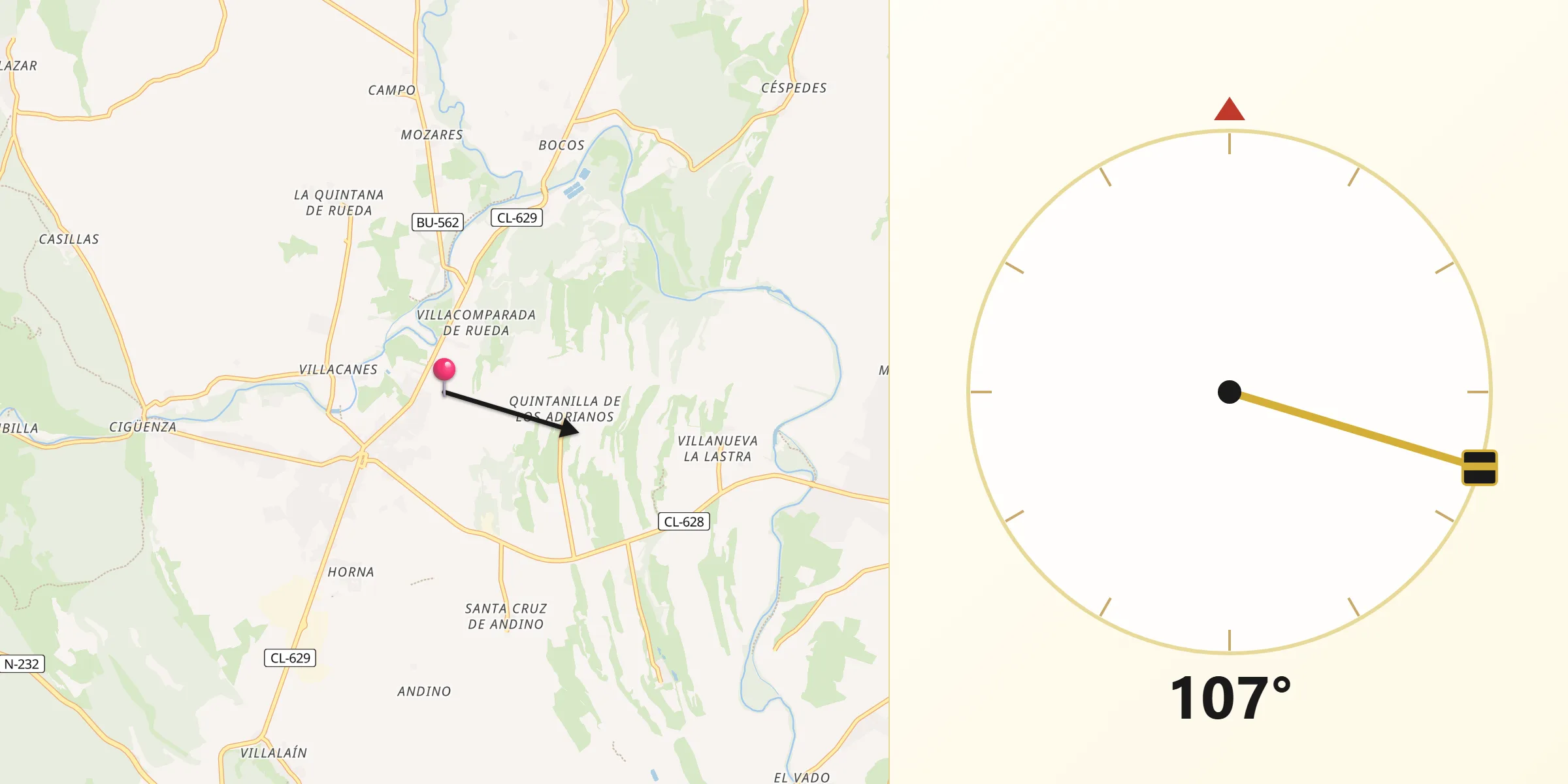 Dirección de la Qibla desde Villarcayo de Merindad de Castilla la Vieja