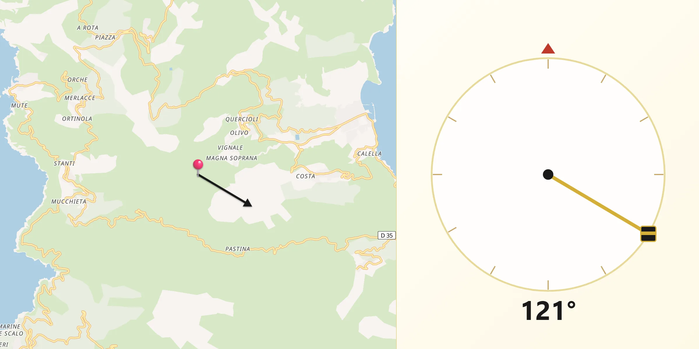 Direction vers la Qibla depuis Tomino