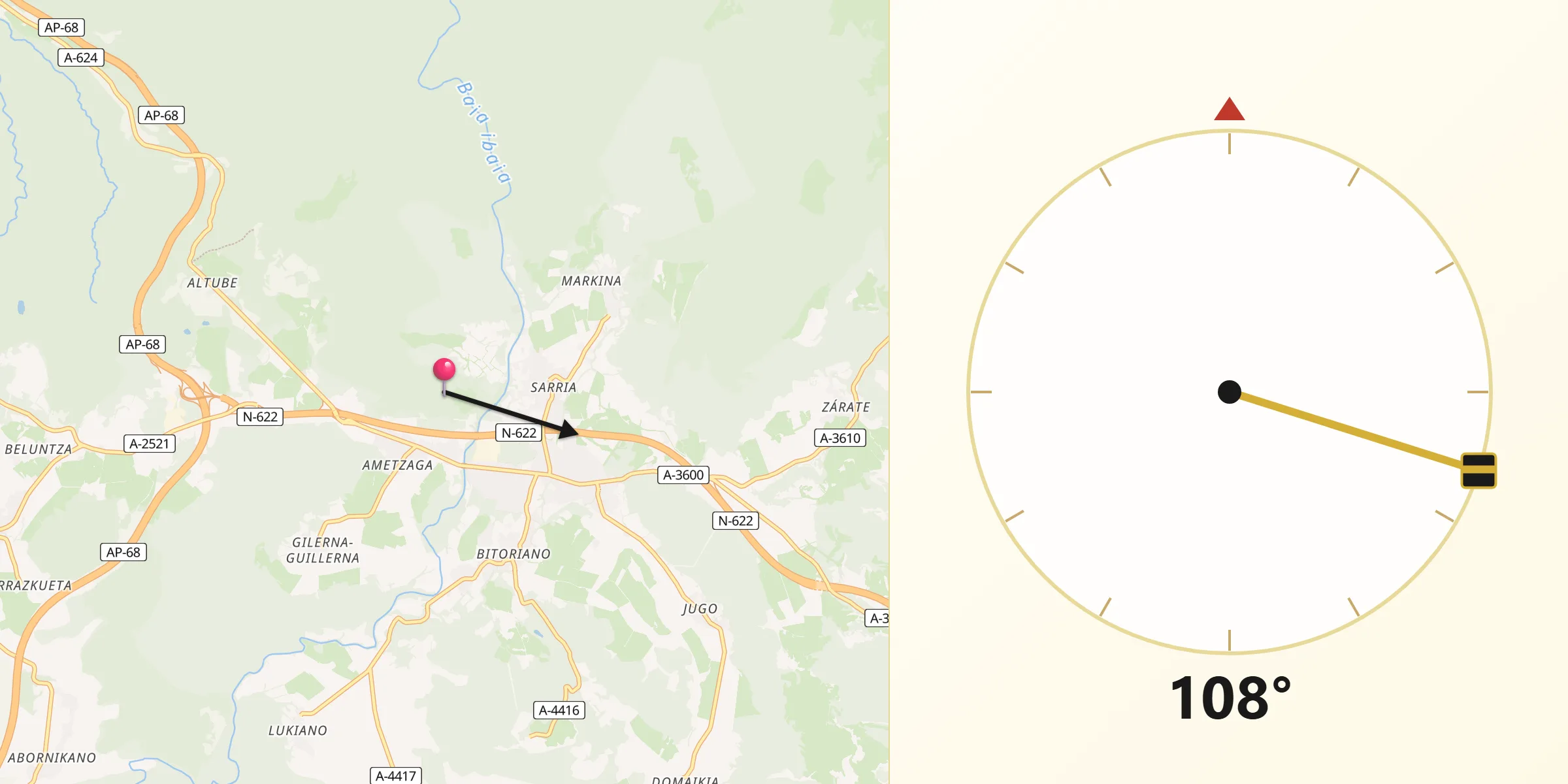 Dirección de la Qibla desde Zuia