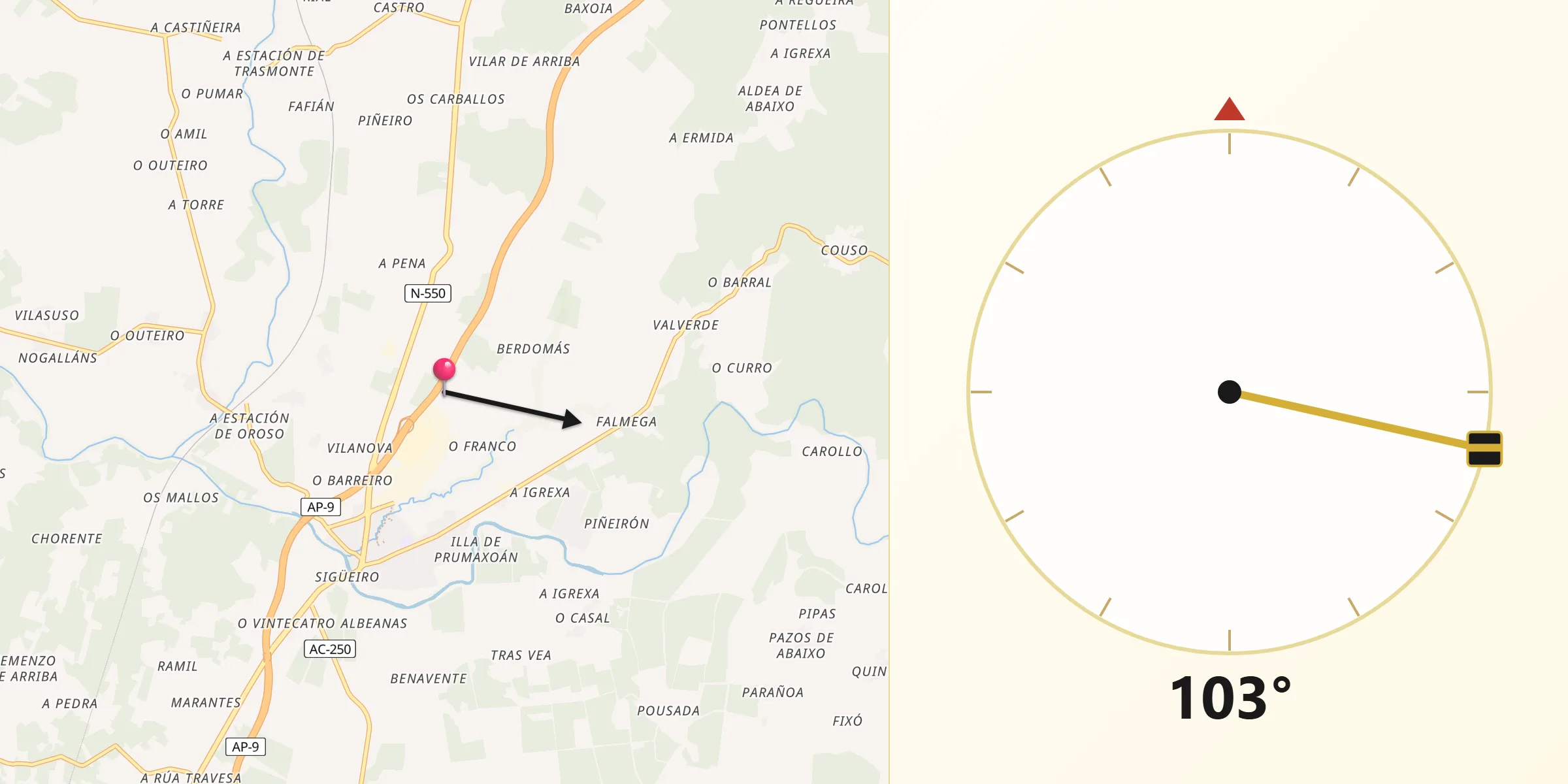 Dirección de la Qibla desde Oroso