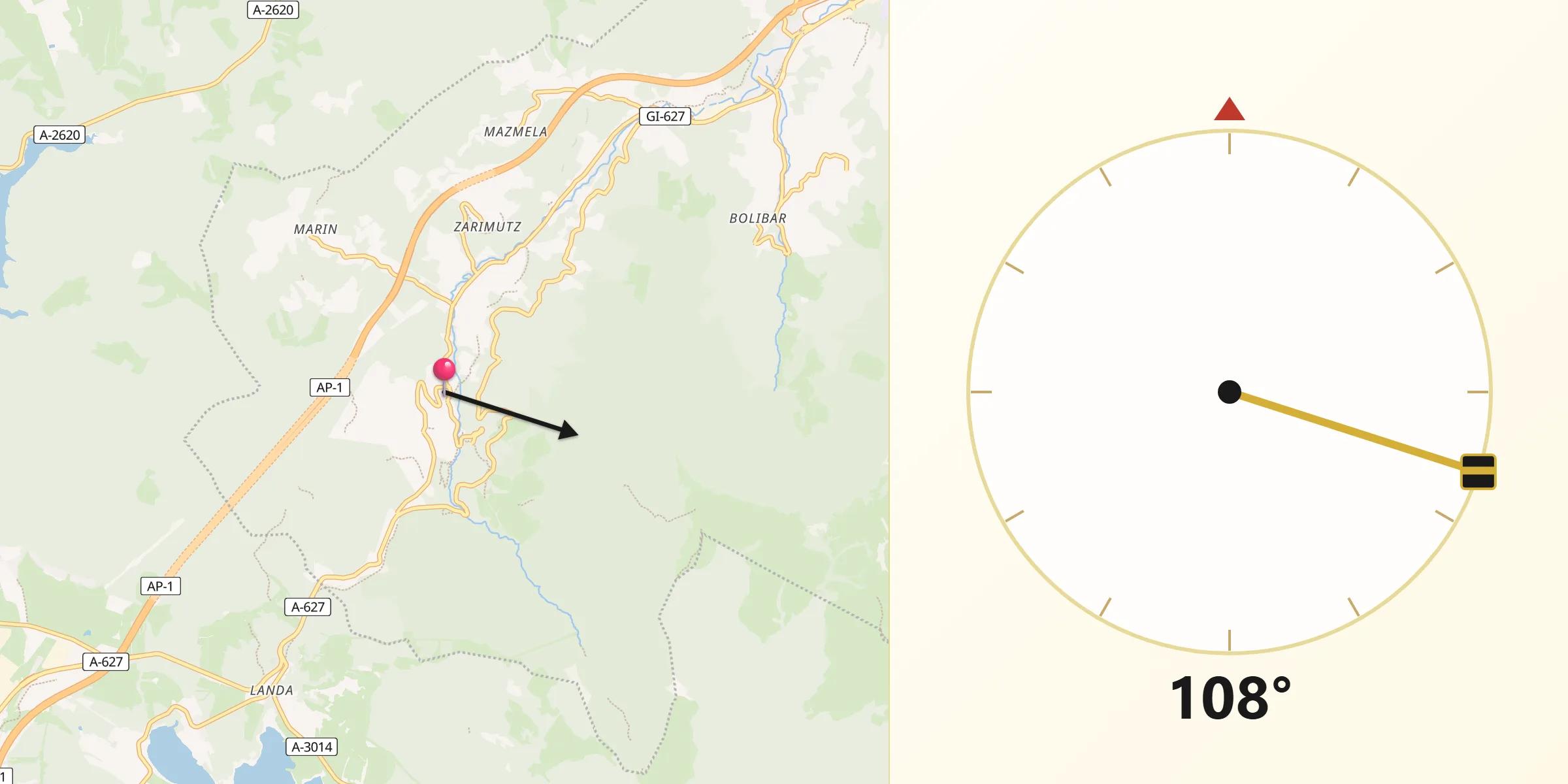 Dirección de la Qibla desde Leintz-Gatzaga