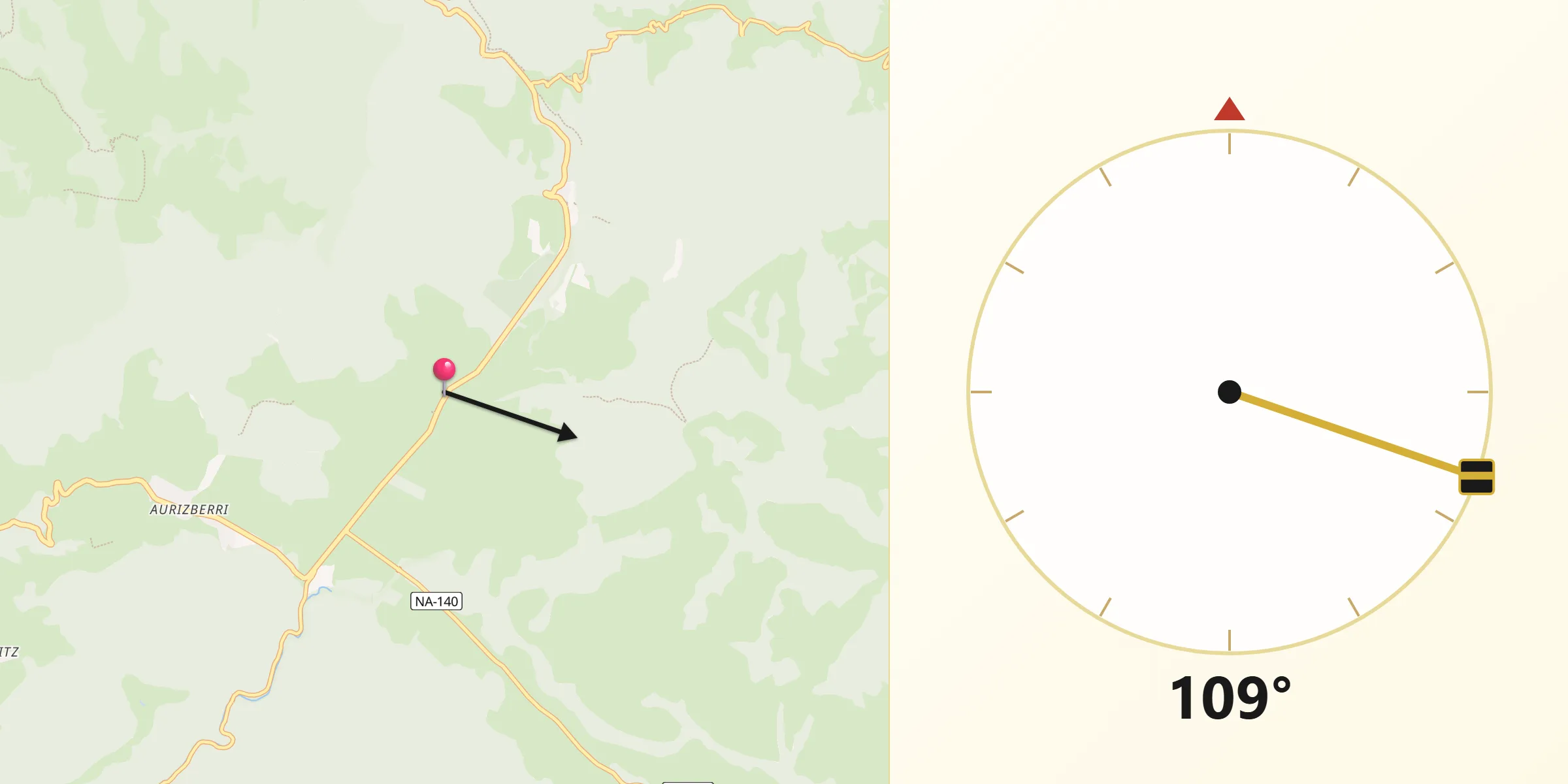 Dirección de la Qibla desde Auritz/Burguete