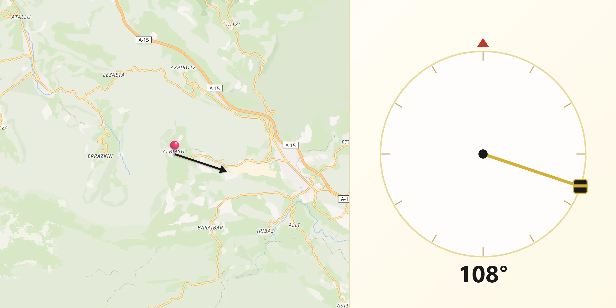 Dirección de la Qibla desde Larraun