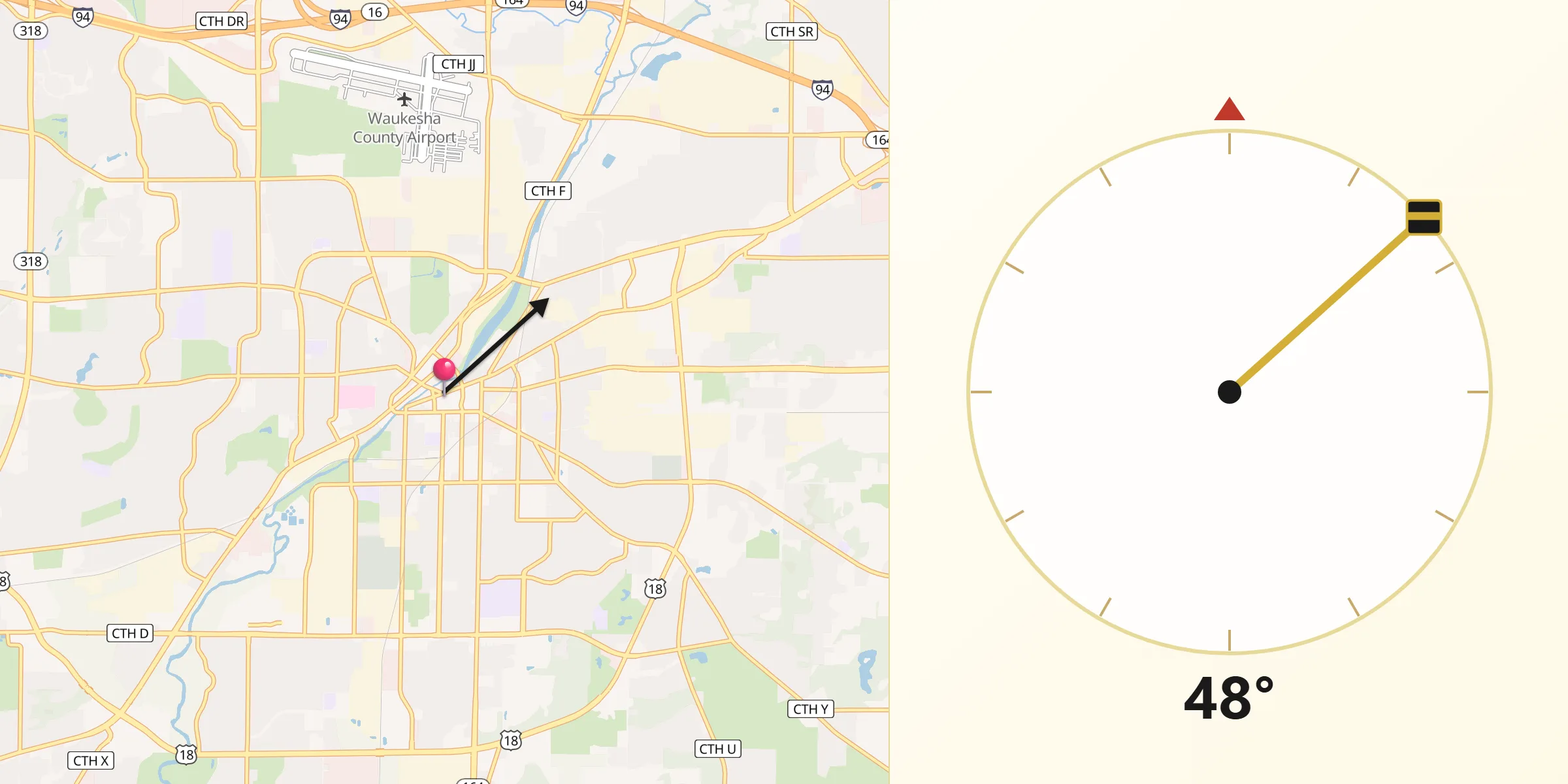 Qibla Direction from Waukesha