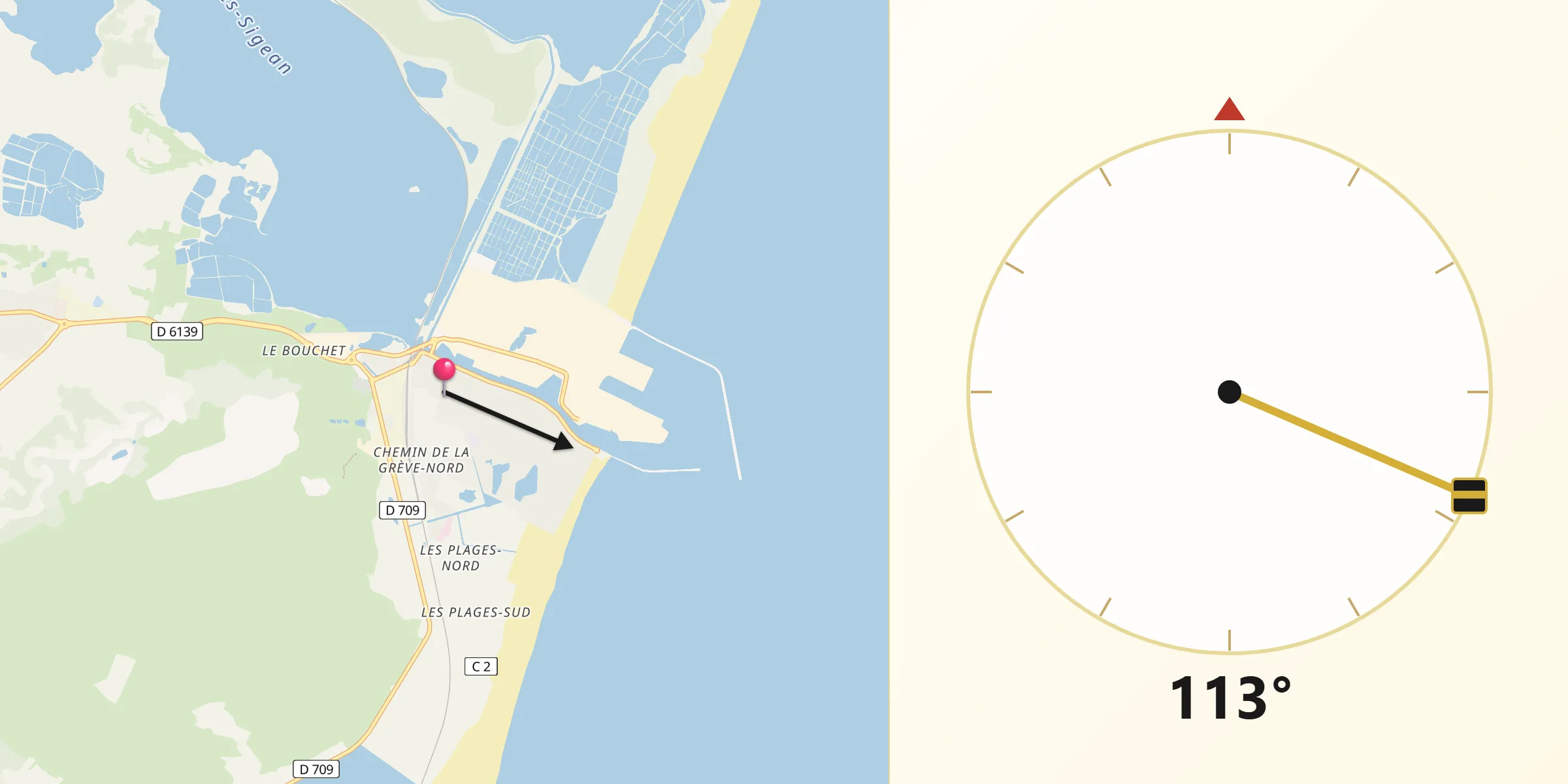 Direction vers la Qibla depuis Port-la-Nouvelle