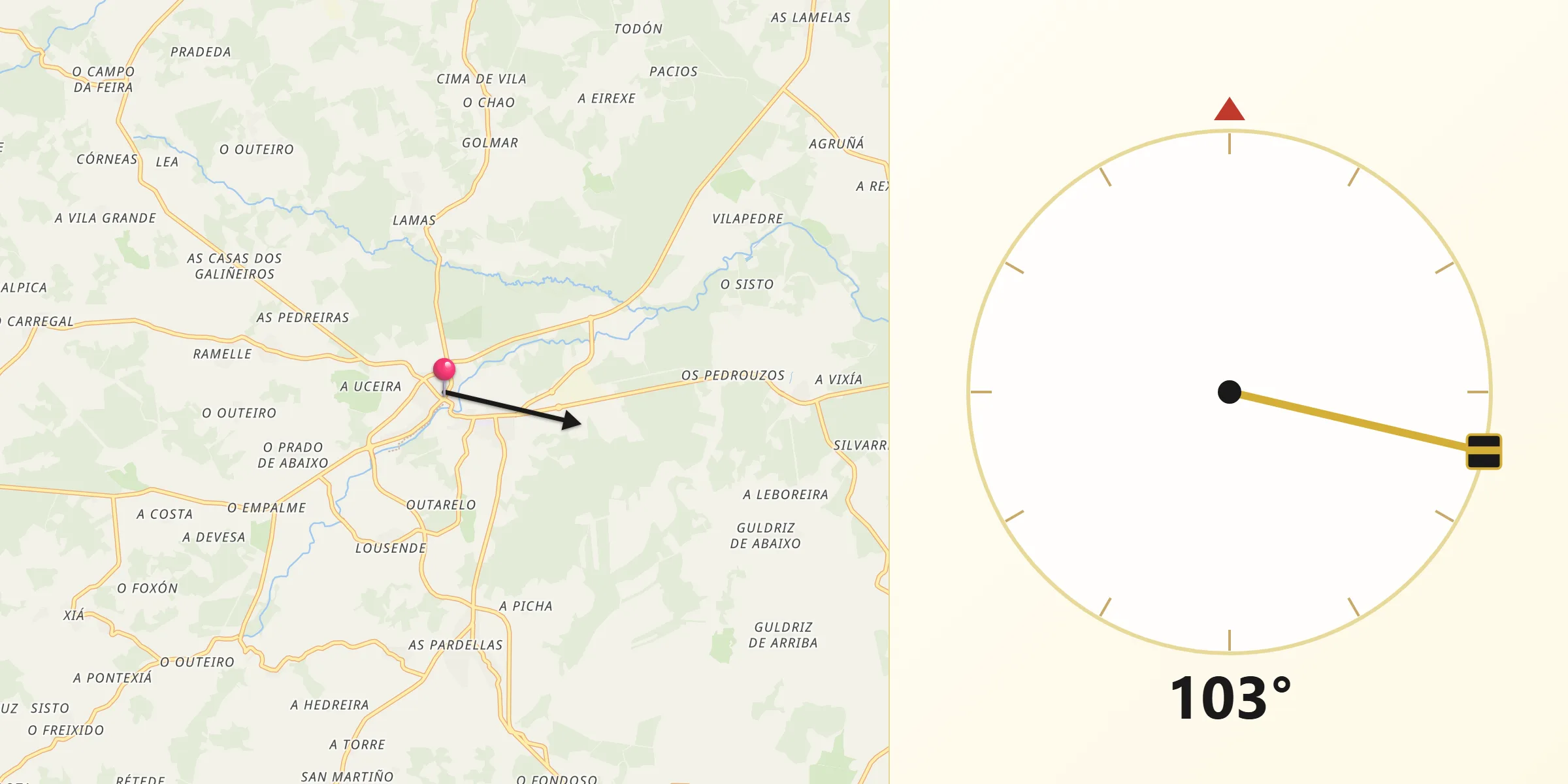 Dirección de la Qibla desde Friol