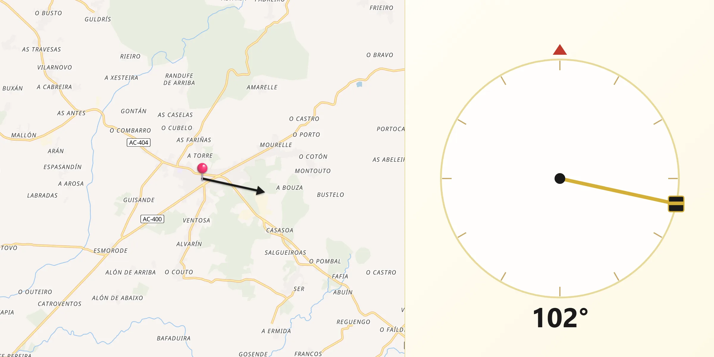 Dirección de la Qibla desde Santa Comba