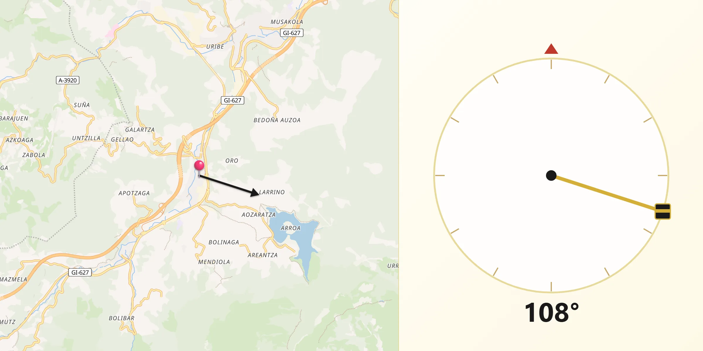 Dirección de la Qibla desde Aretxabaleta