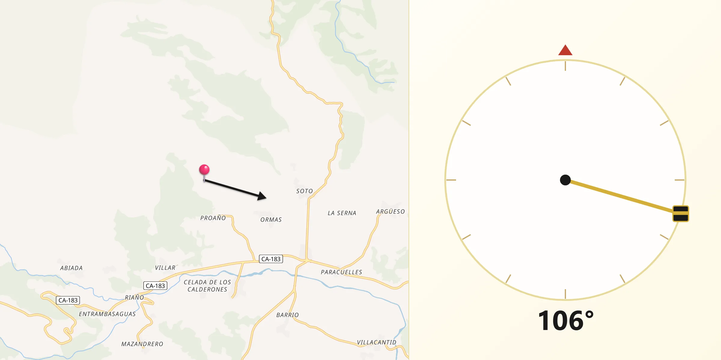 Dirección de la Qibla desde Hermandad de Campoo de Suso